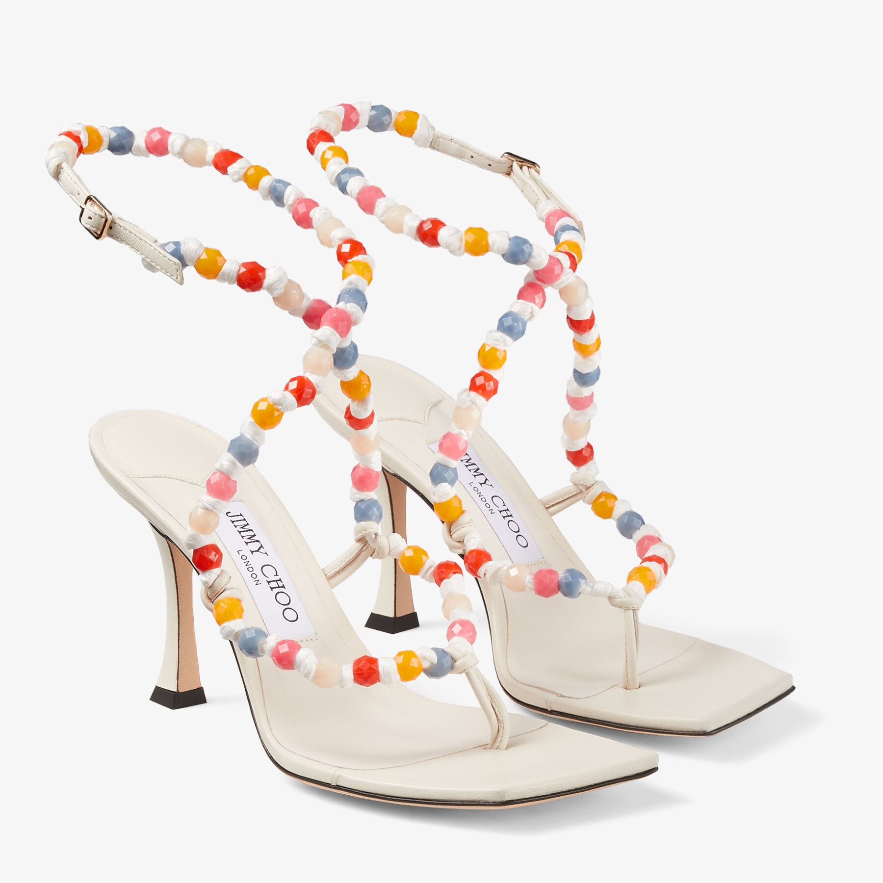 JIMMY CHOO Amiral 90 Latte Nappa Leather Sandals with Beaded 
