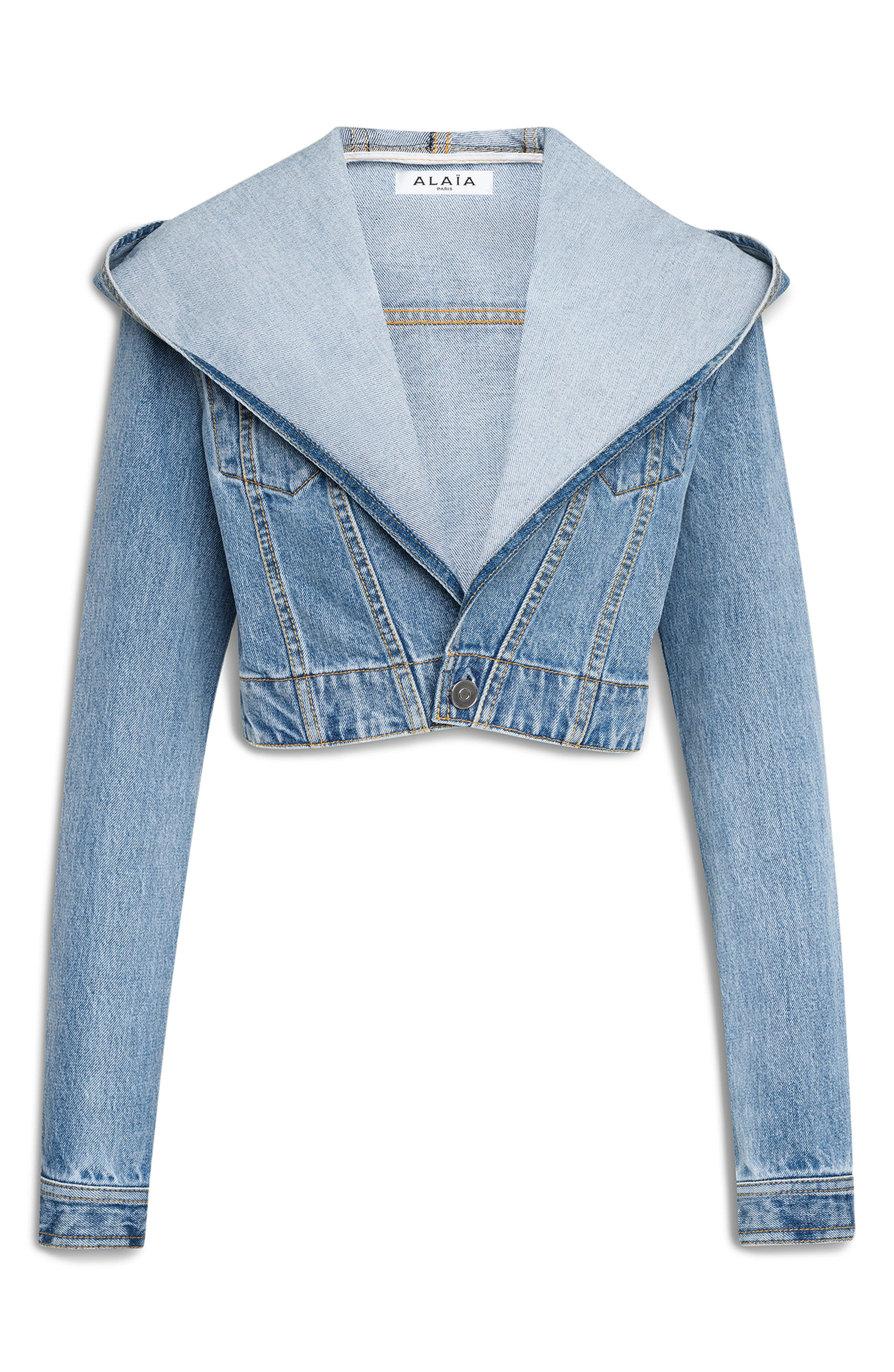 Alaïa Denim Hooded Crop Jacket in Bleu Clair at Nordstrom - 1