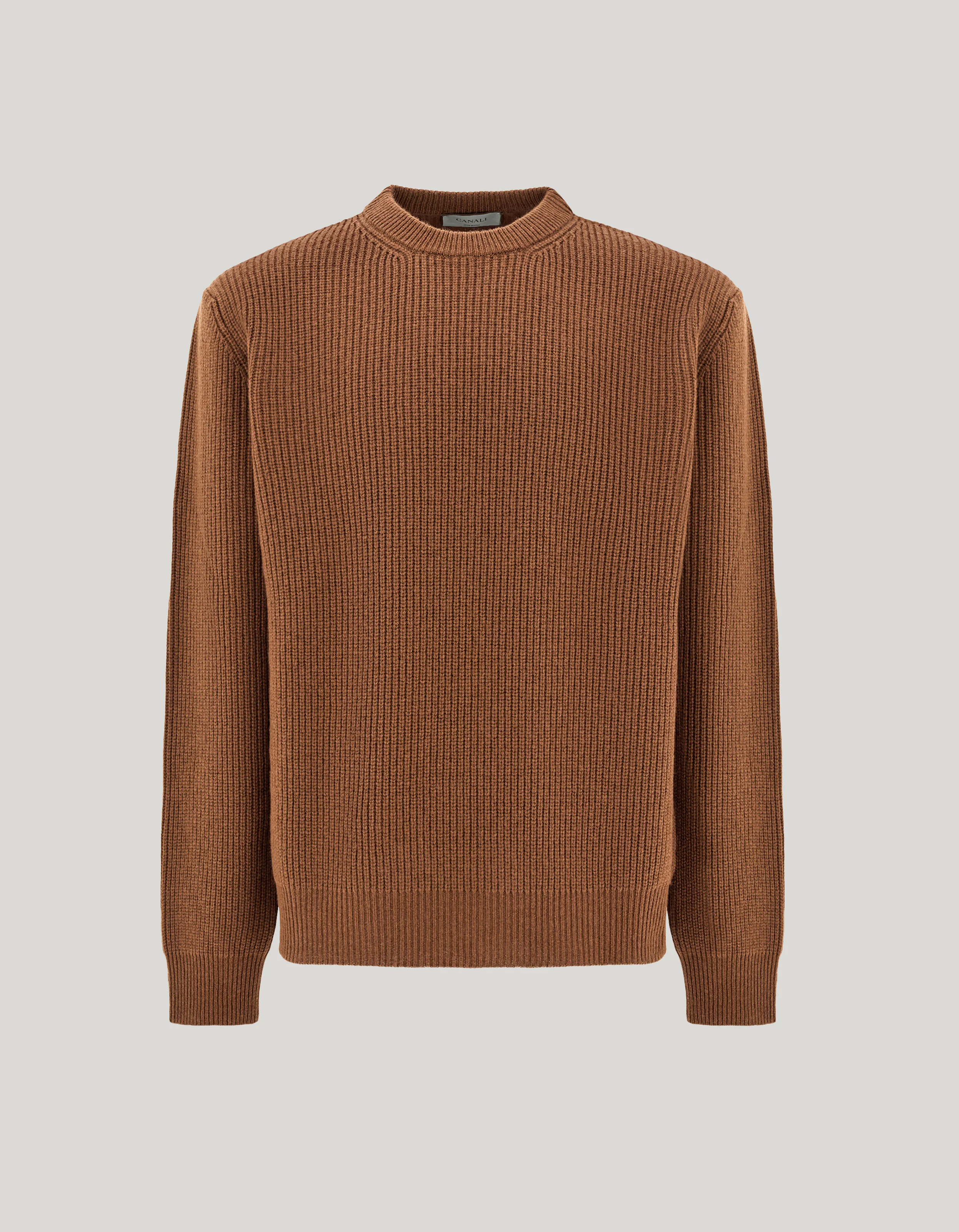 LIGHT BROWN WOOL AND CASHMERE CREW NECK SWEATER - 1