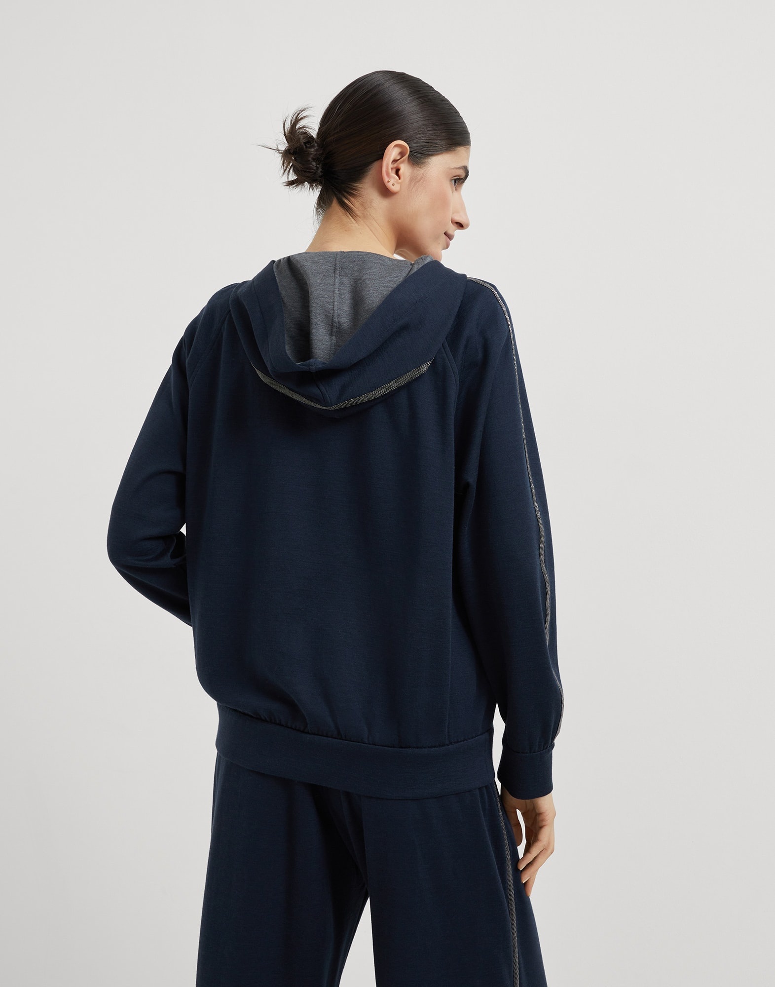 Cotton and silk interlock hooded sweatshirt with precious stripe - 2