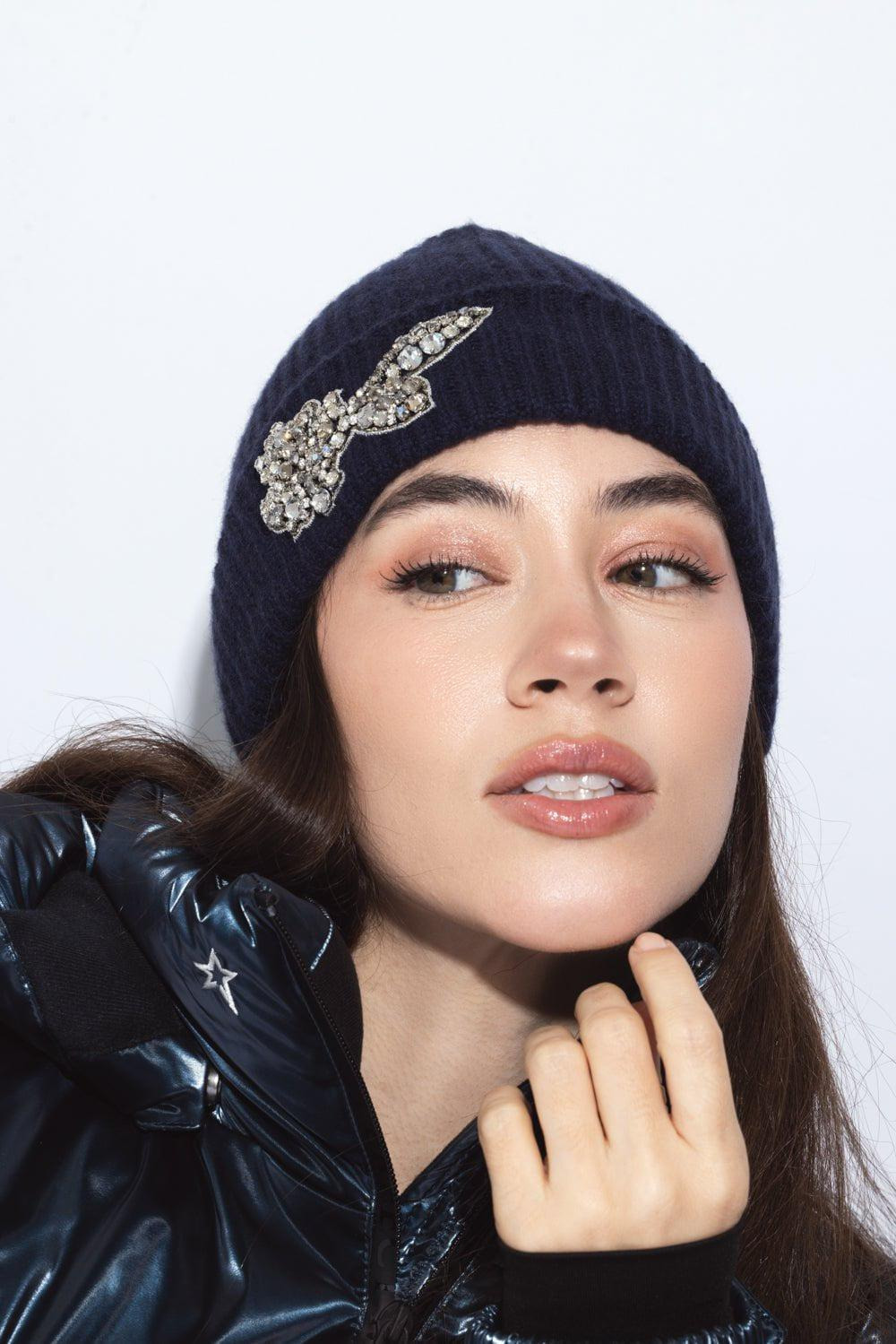 Embroidered Knitted Hat - Navy - 3