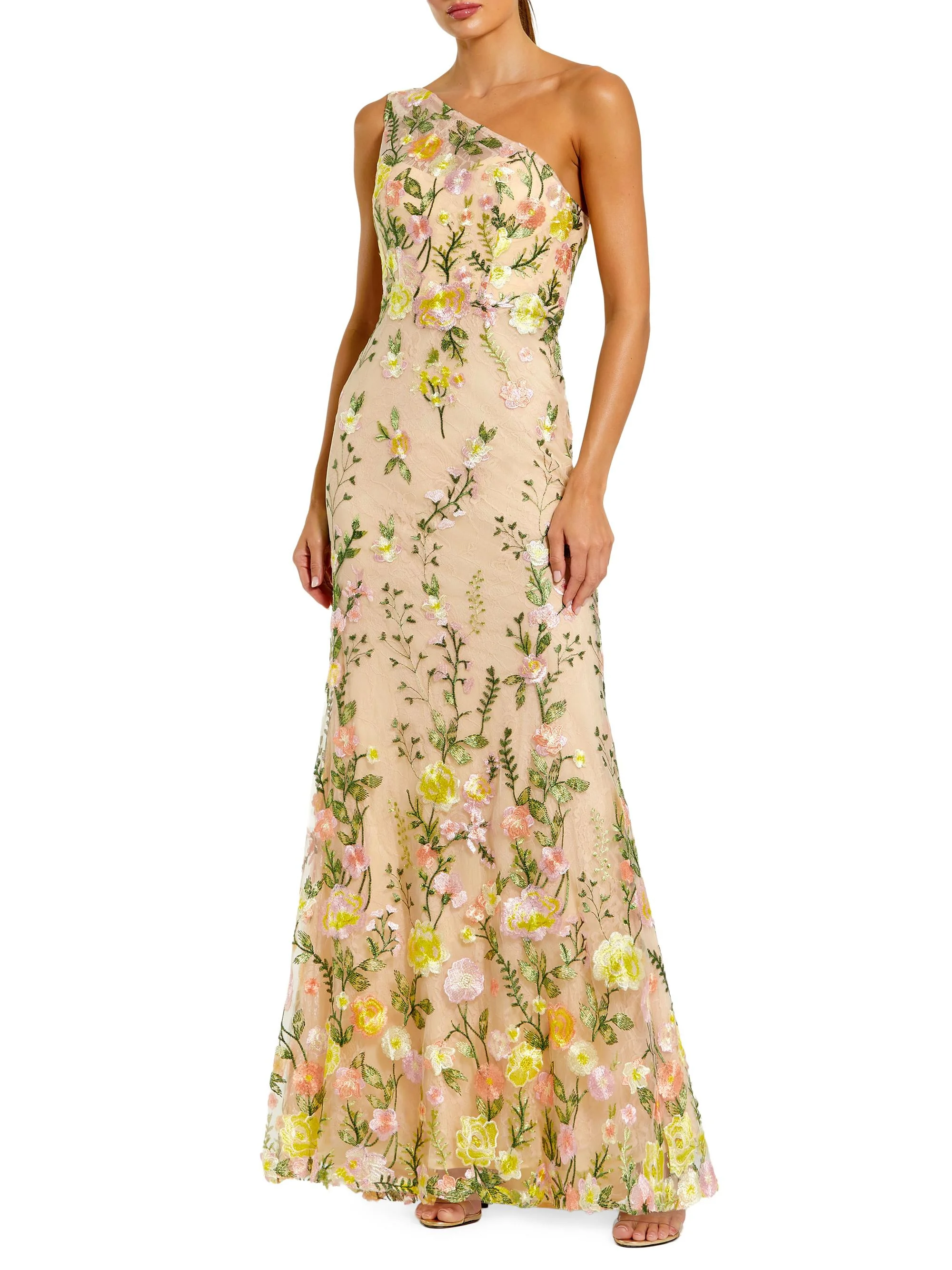 Women's Petite Floral-Embroidered One-Shoulder Gown - Yellow Multi - 1