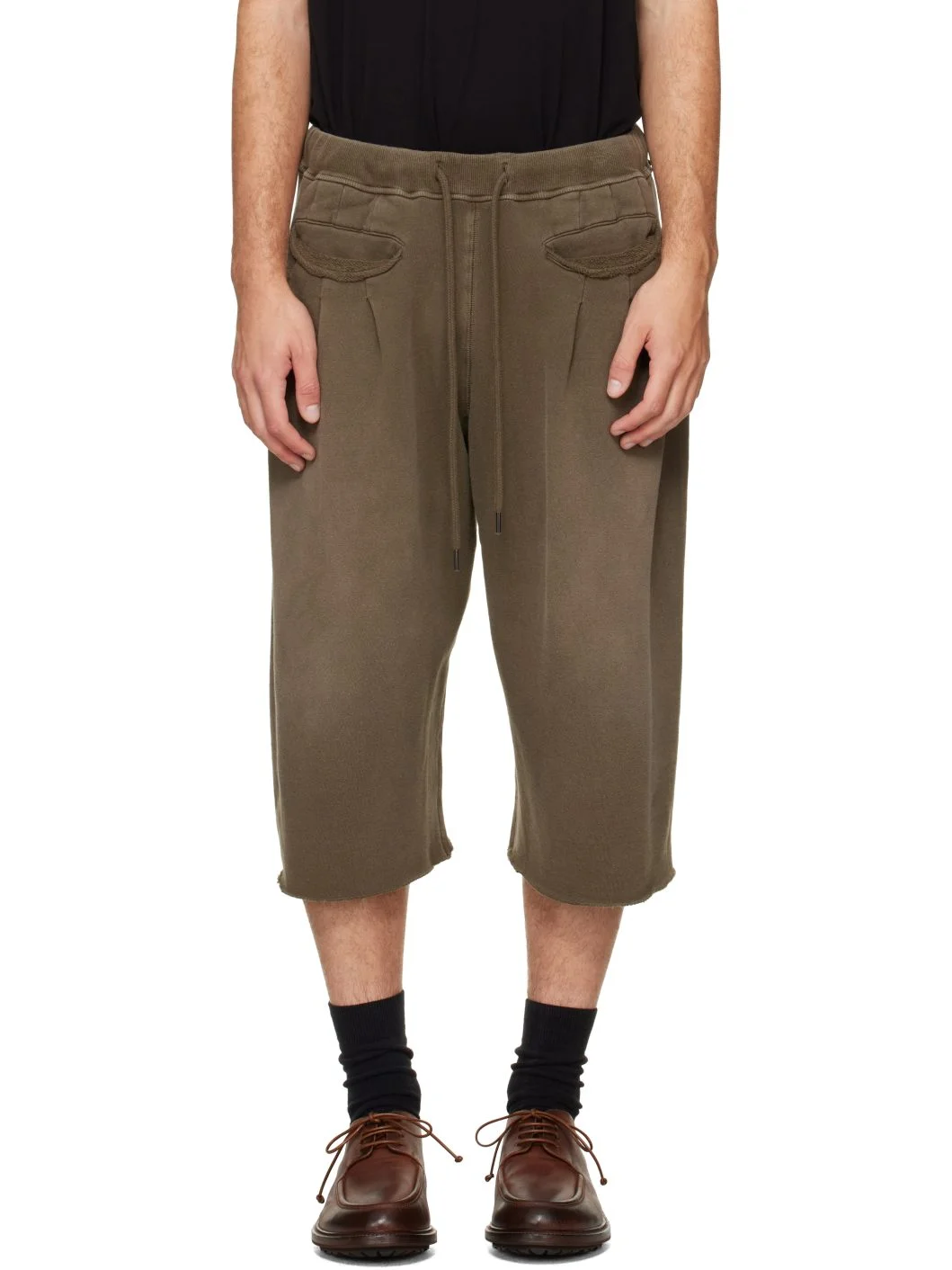 Khaki Triple Pleat Sweat Shorts - 1