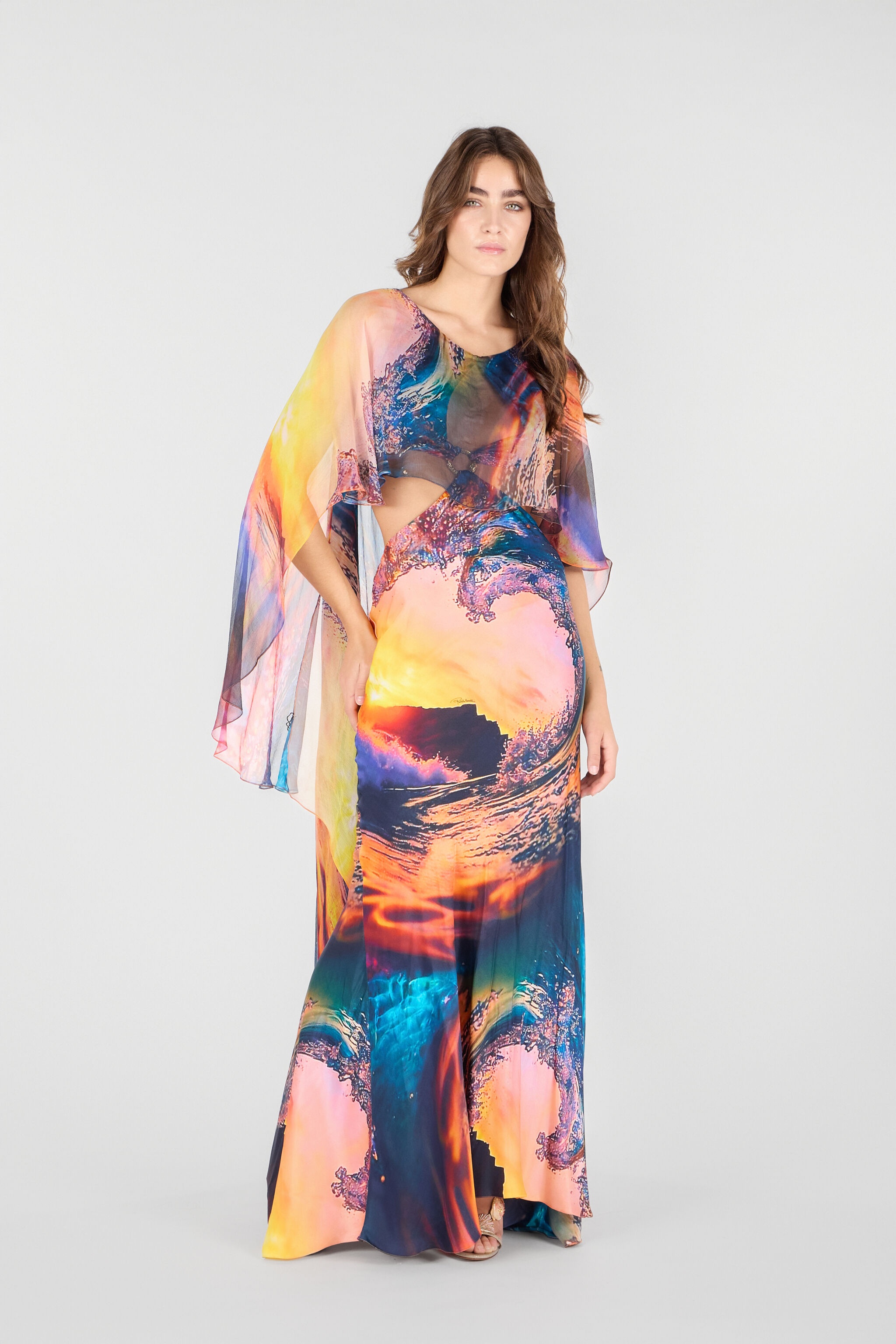 Itaca Print Long Dress with Cape - 2