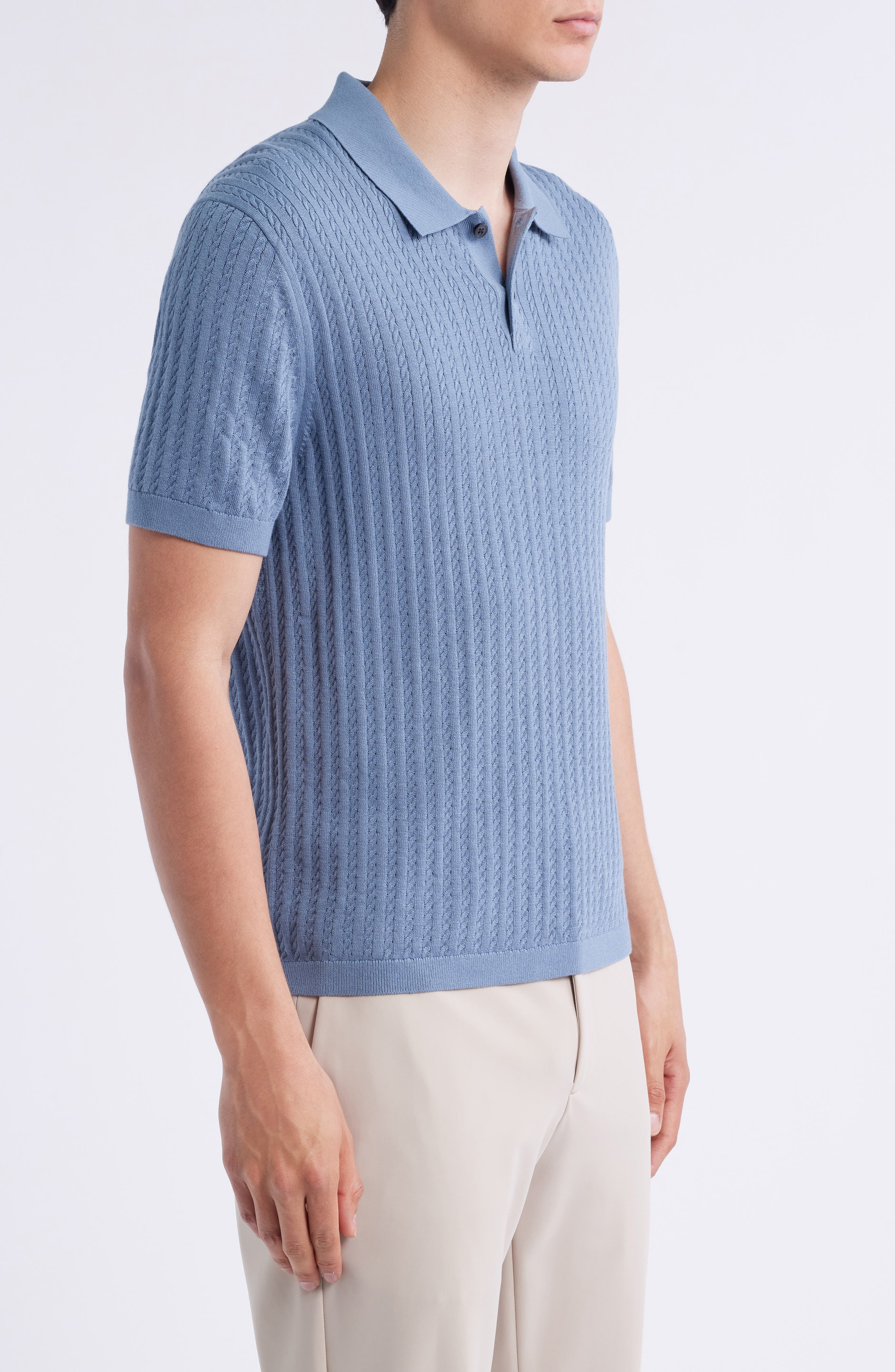 Theory Cable Short Sleeve Cotton Blend Polo Sweater in Rainstorm at Nordstrom - 1