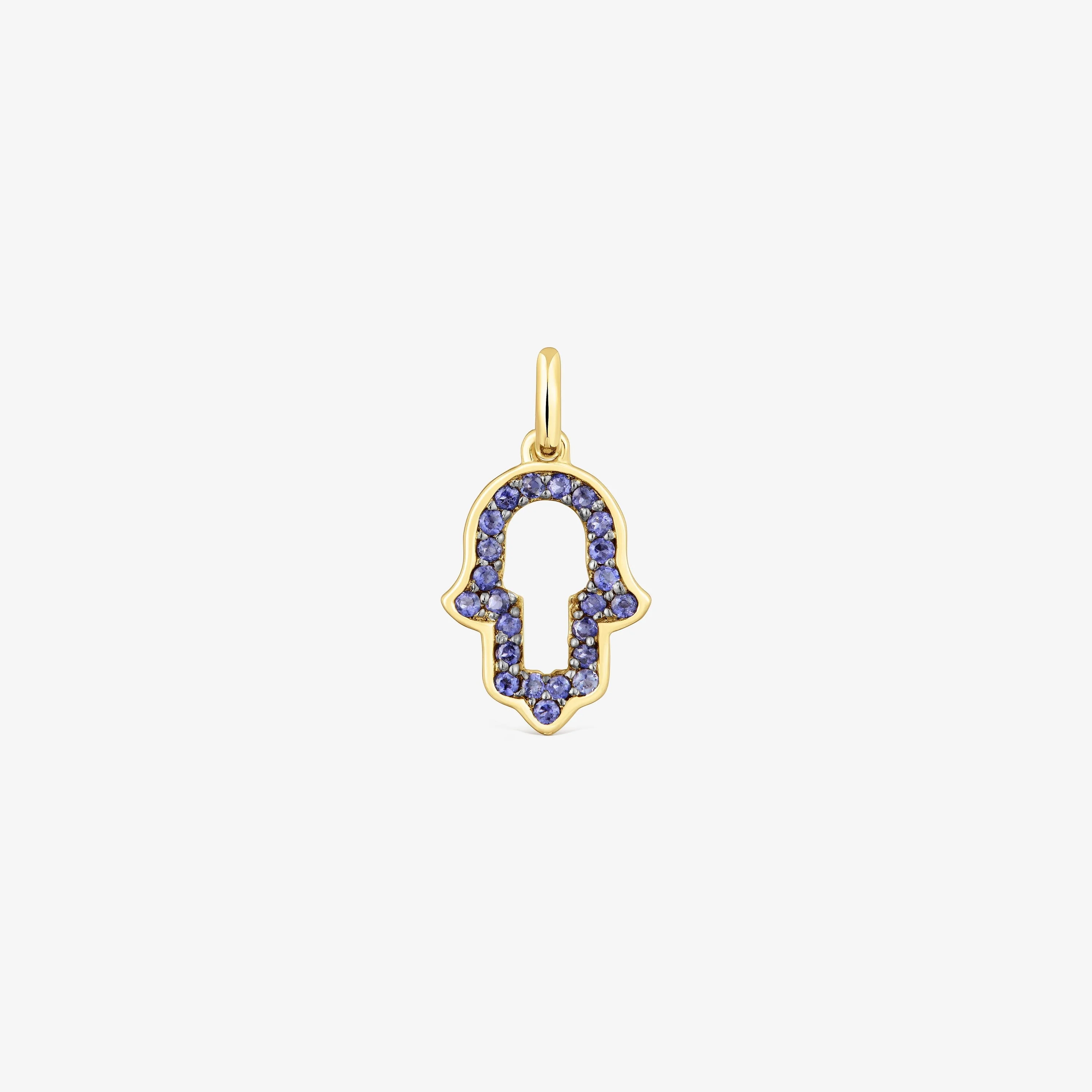 14K solid gold hand of Fatima Pendant with iolite Medallions - 1