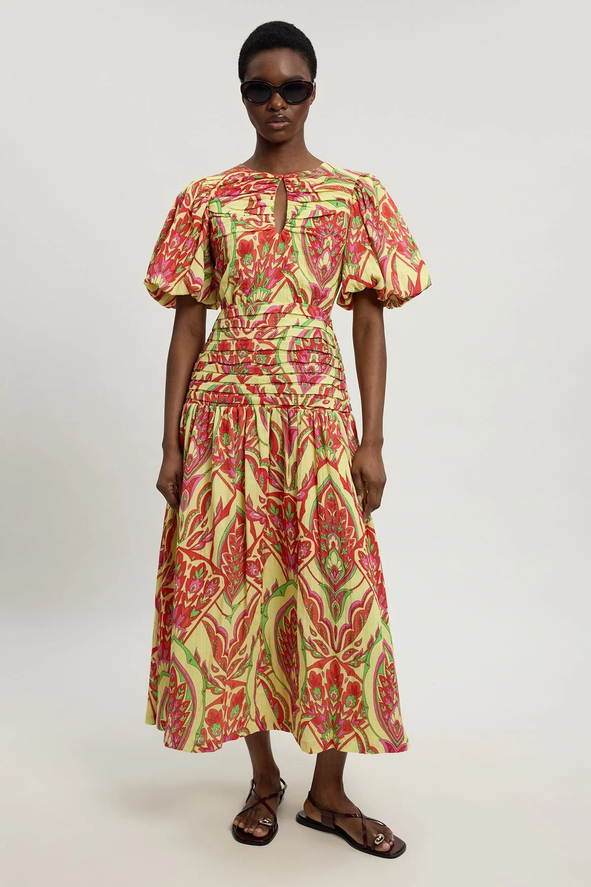 Double Cloth Abstract Print Balloon Sleeve Midi Dress - 1