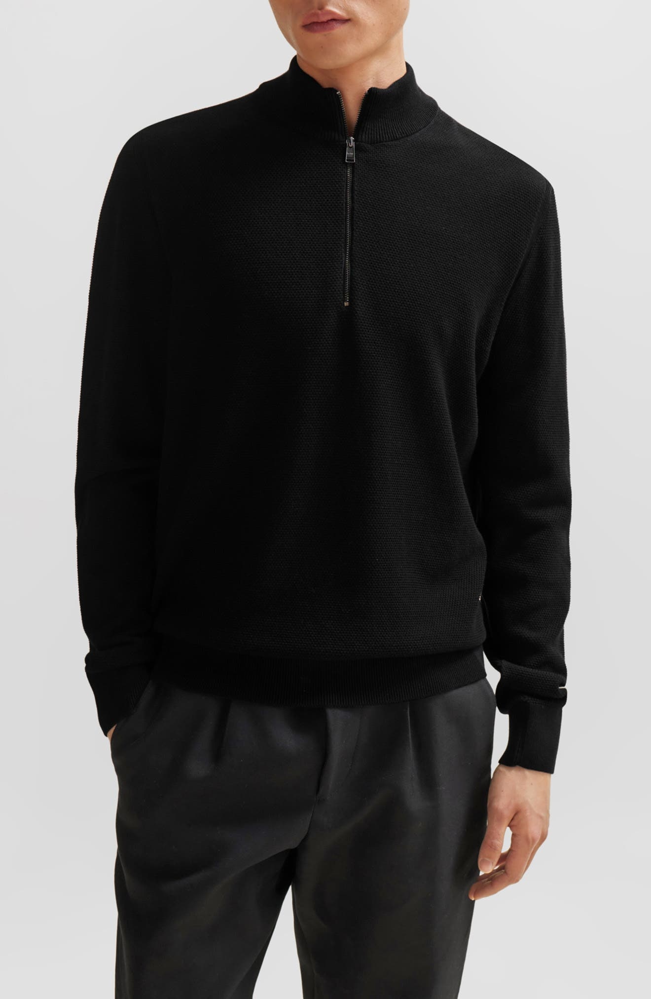 BOSS Ebrando Textured Cotton Half Zip Sweater in Black at Nordstrom - 1