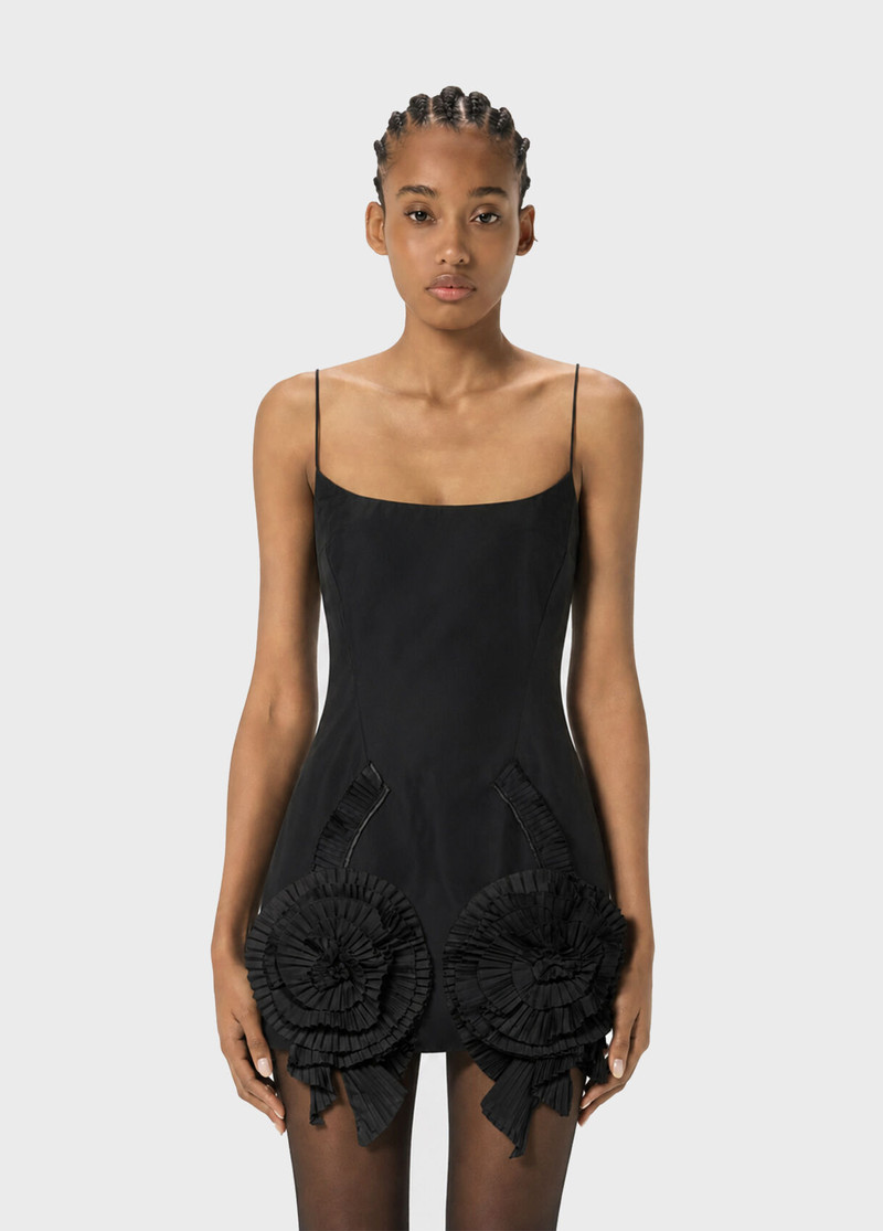 SHORT TAFFETA DRESS WITH PLEATED ROSES - 1