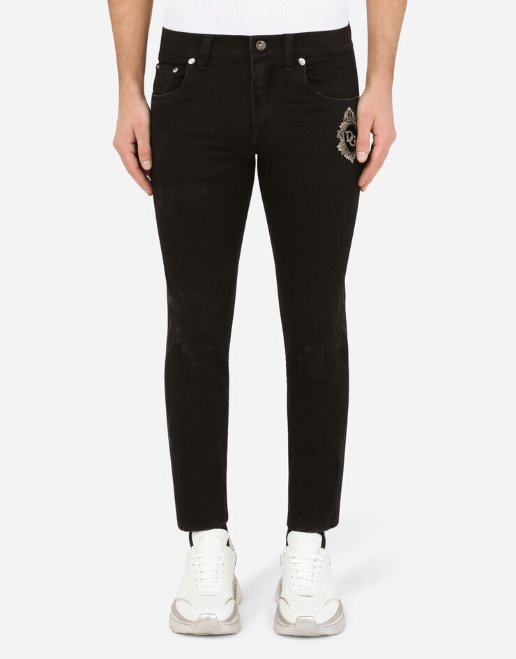 Black repaired skinny jeans with DG patch - 1