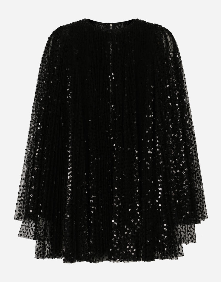 Short pleated dress with full sequined sleeves - 1
