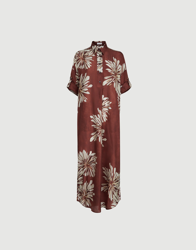 Silk bloom print pongee long dress with monili 1