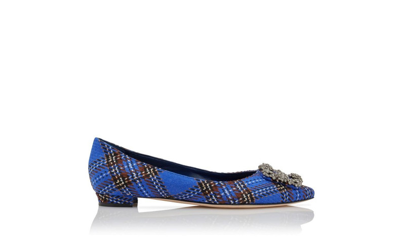 Blue Wool Tartan Jewel Buckle Flat Pumps - 1