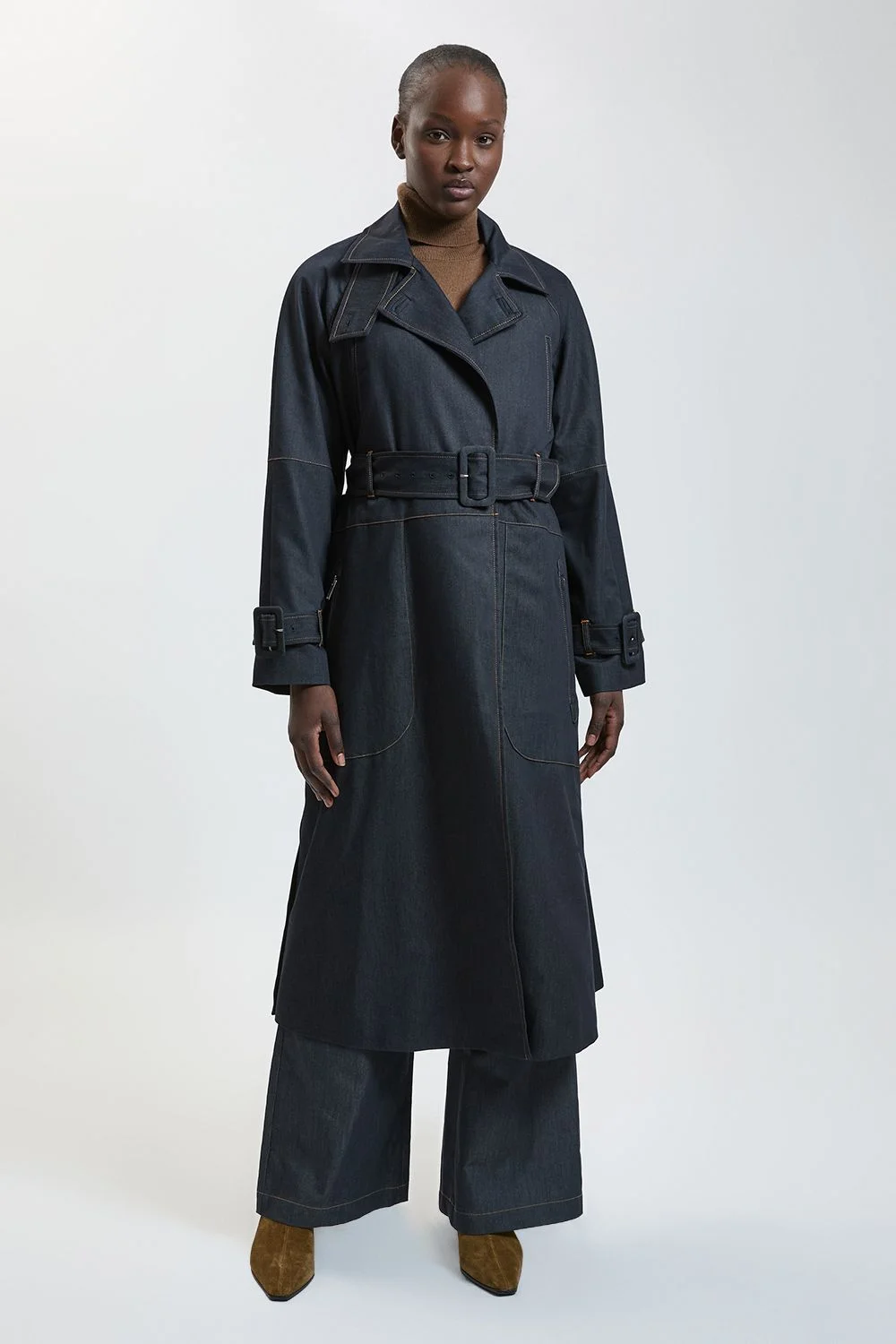 Petite Tailored Denim High Neck Belted Trench Coat - 1