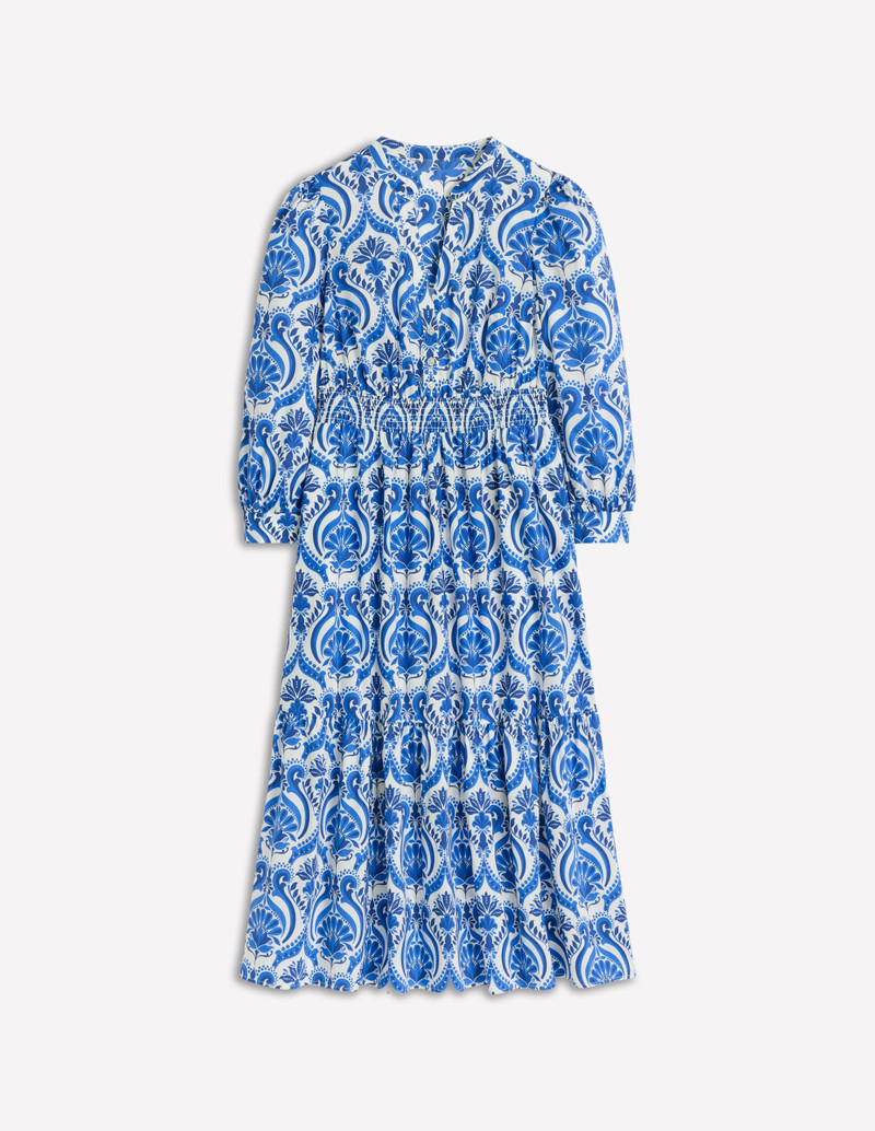 Elena Tiered Cotton Midi Dress-Blue, Ornamental Floral 1