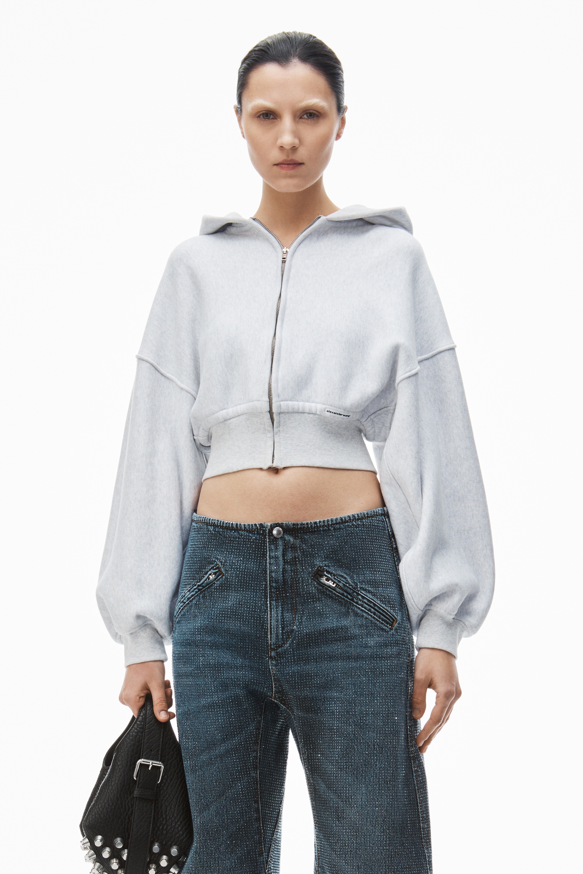 cropped zip up hoodie in classic cotton terry - 2
