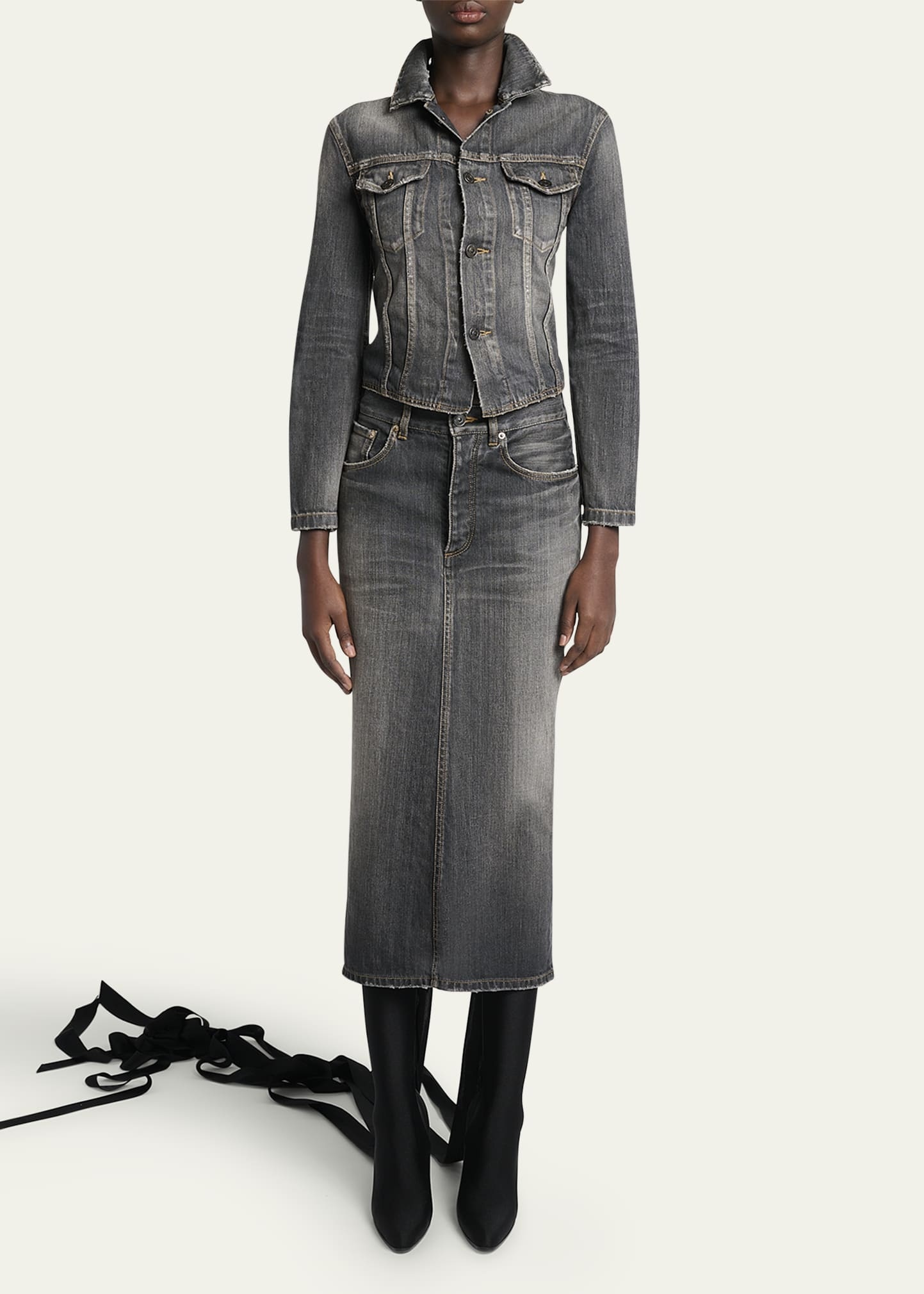 Lace-Up Denim Midi Skirt - 2
