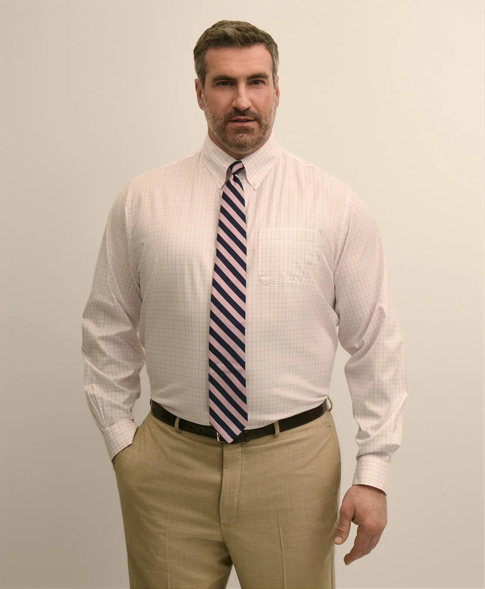 Big & Tall Stretch Cotton Non-Iron Pinpoint Oxford Polo Button Down, Windowpane Dress Shirt - 1