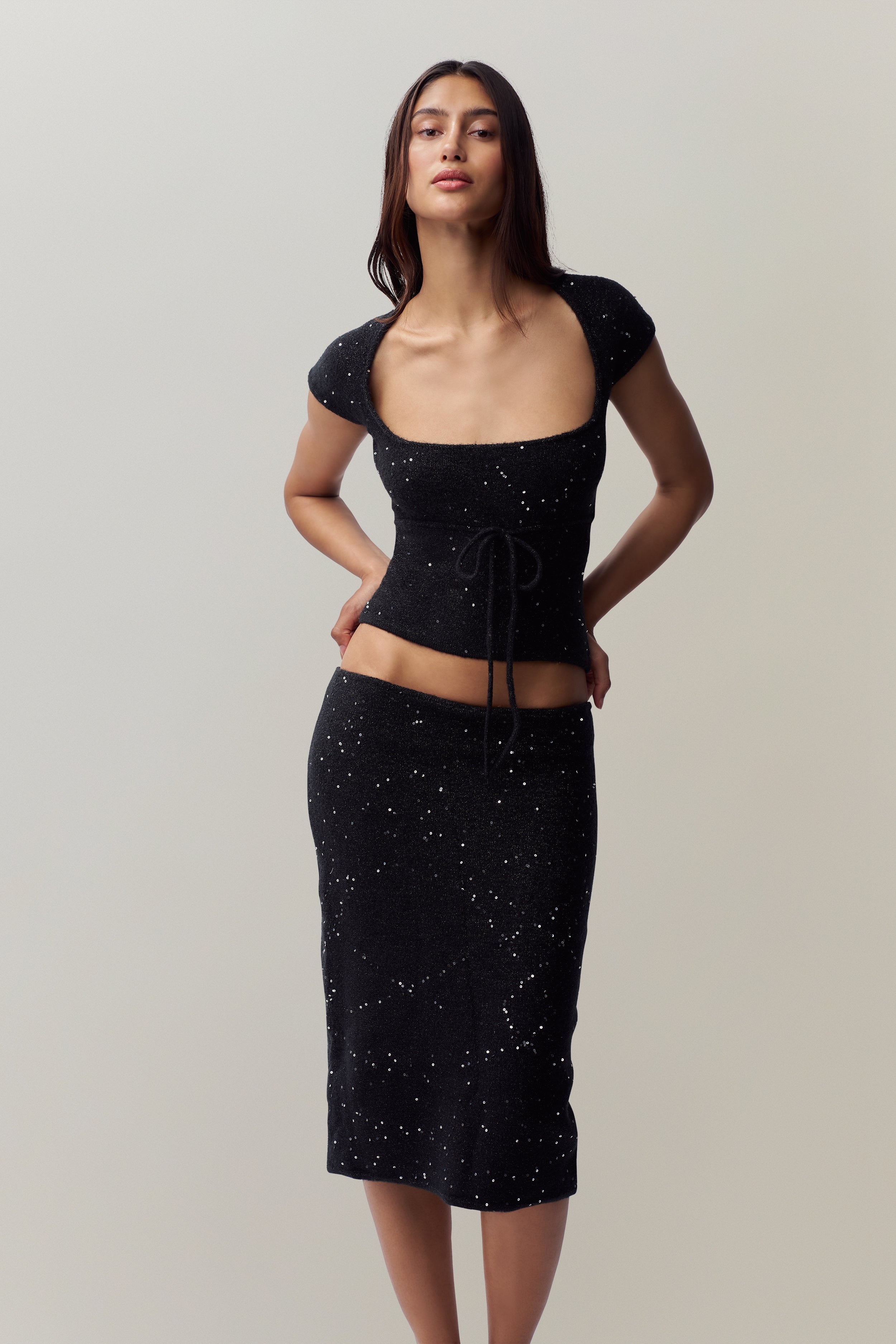 MIKI SEQUIN KNIT MIDI SKIRT - 2
