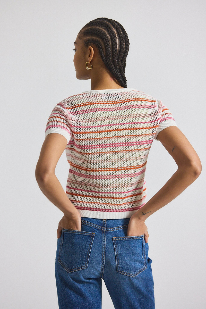 DEREK LAM 10 CROSBY ANDY CORDED MESH SPLIT NECK SHORT SLEEVE SWEATER outlook