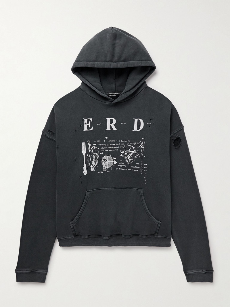 My Role in the War Distressed Logo-Print Cotton-Jersey Hoodie Dark gray 1