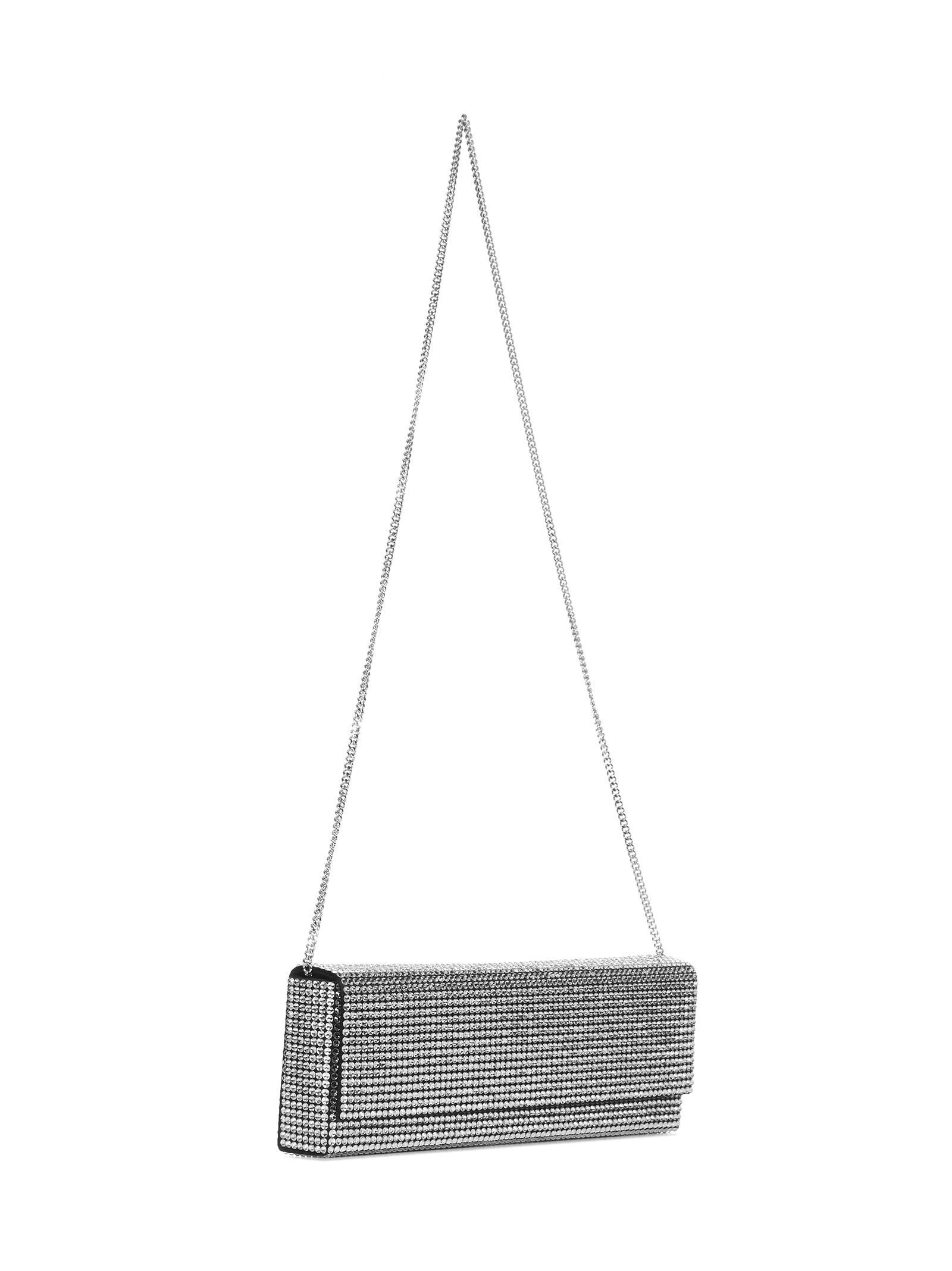AMINI PALOMA black clutch in satin and crystals with silver metal chain shoulder strap. - 3