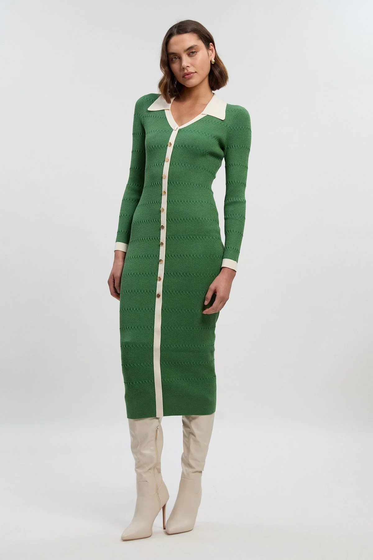 Viscose Rib Stitch Detail Contrast Colour Button Knit Midi Dress - 1