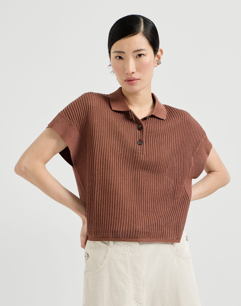 Sparkling cotton ribbed net polo shirt 2
