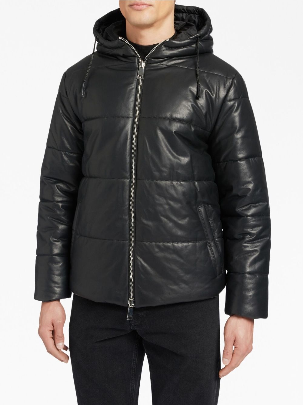 drawstring-hood leather puffer jacket - 3