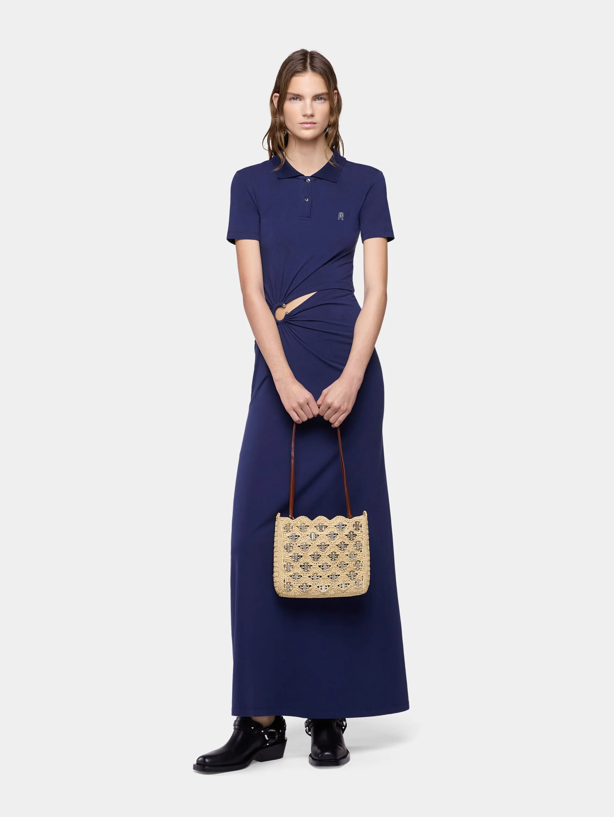 LONG NAVY BLUE PIERCING DRESS IN COTTON JERSEY - 1