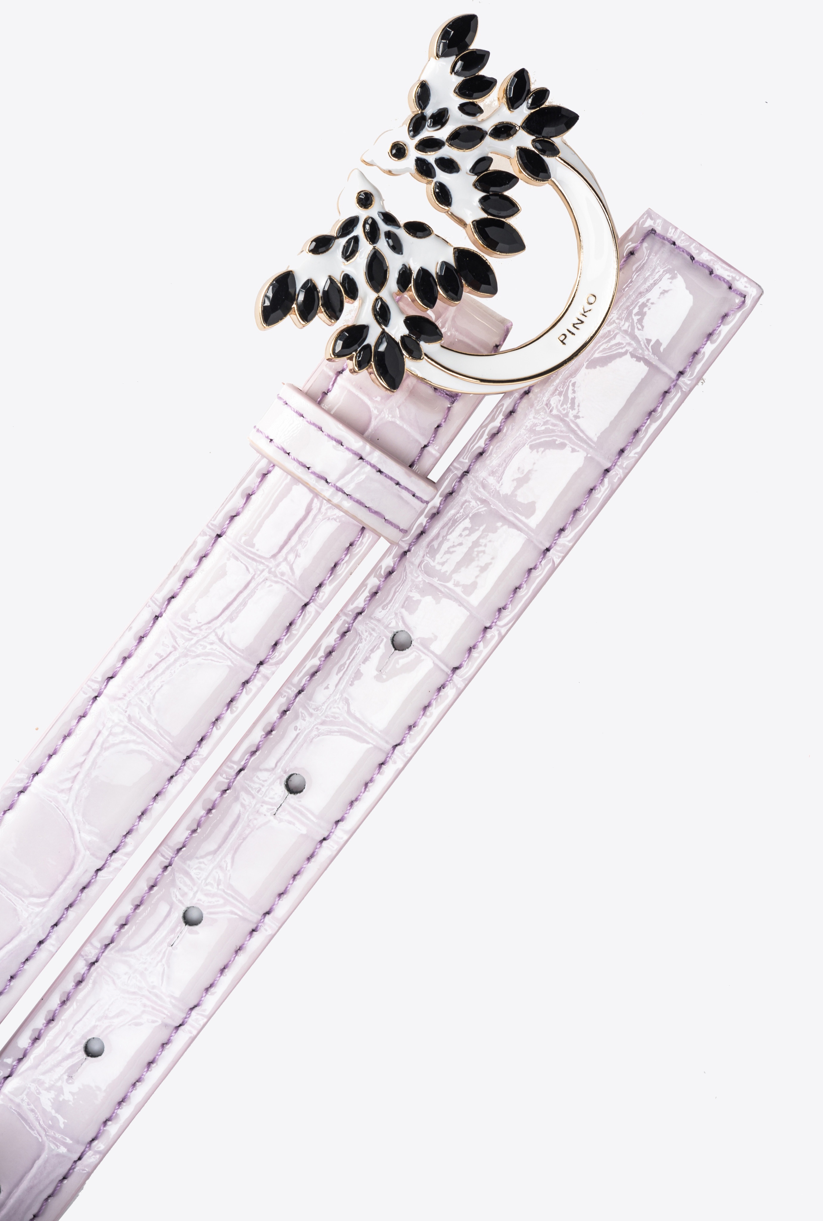 PINKO GALLERIA THIN 2CM SHINY CROC-PRINT BELT WITH LOVE BIRDS BUCKLE - 3
