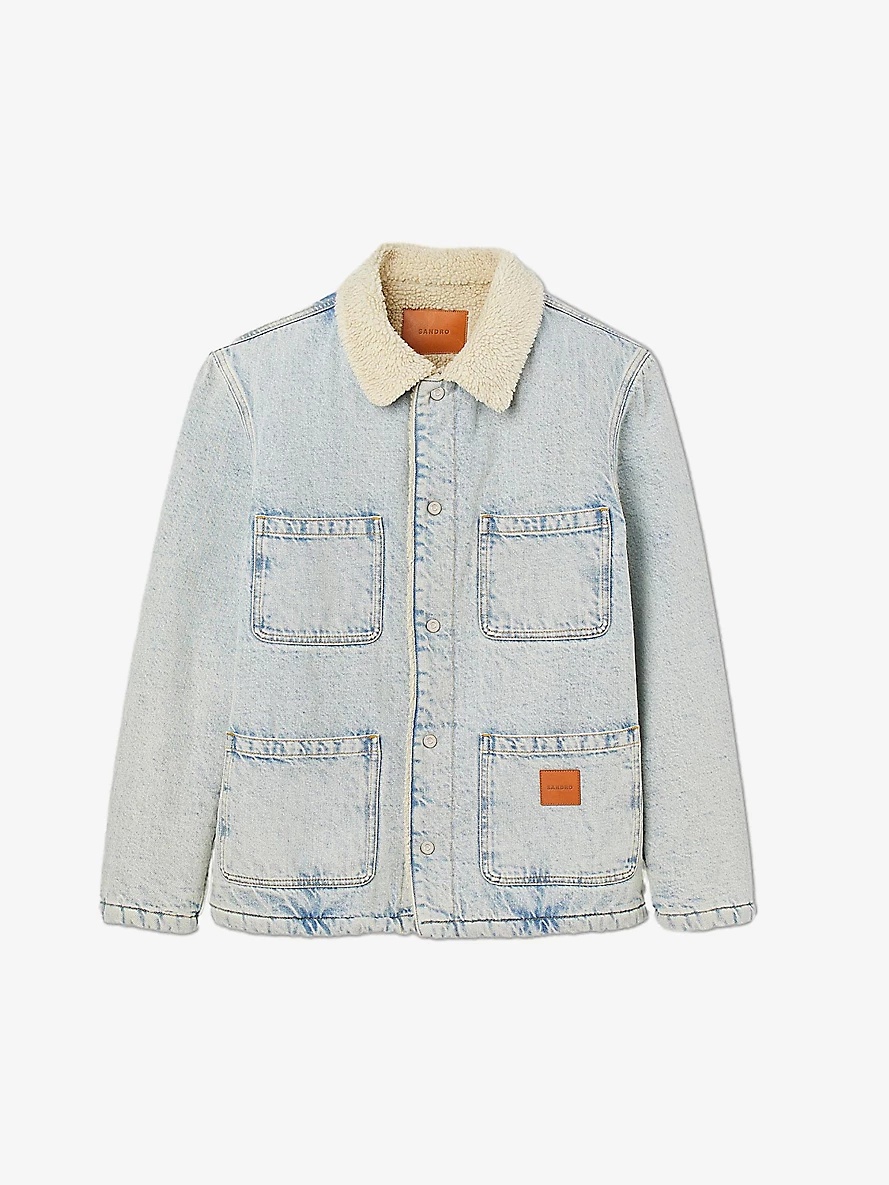 Sandro Shearling-lined logo-patch denim worker jacket selfridges
