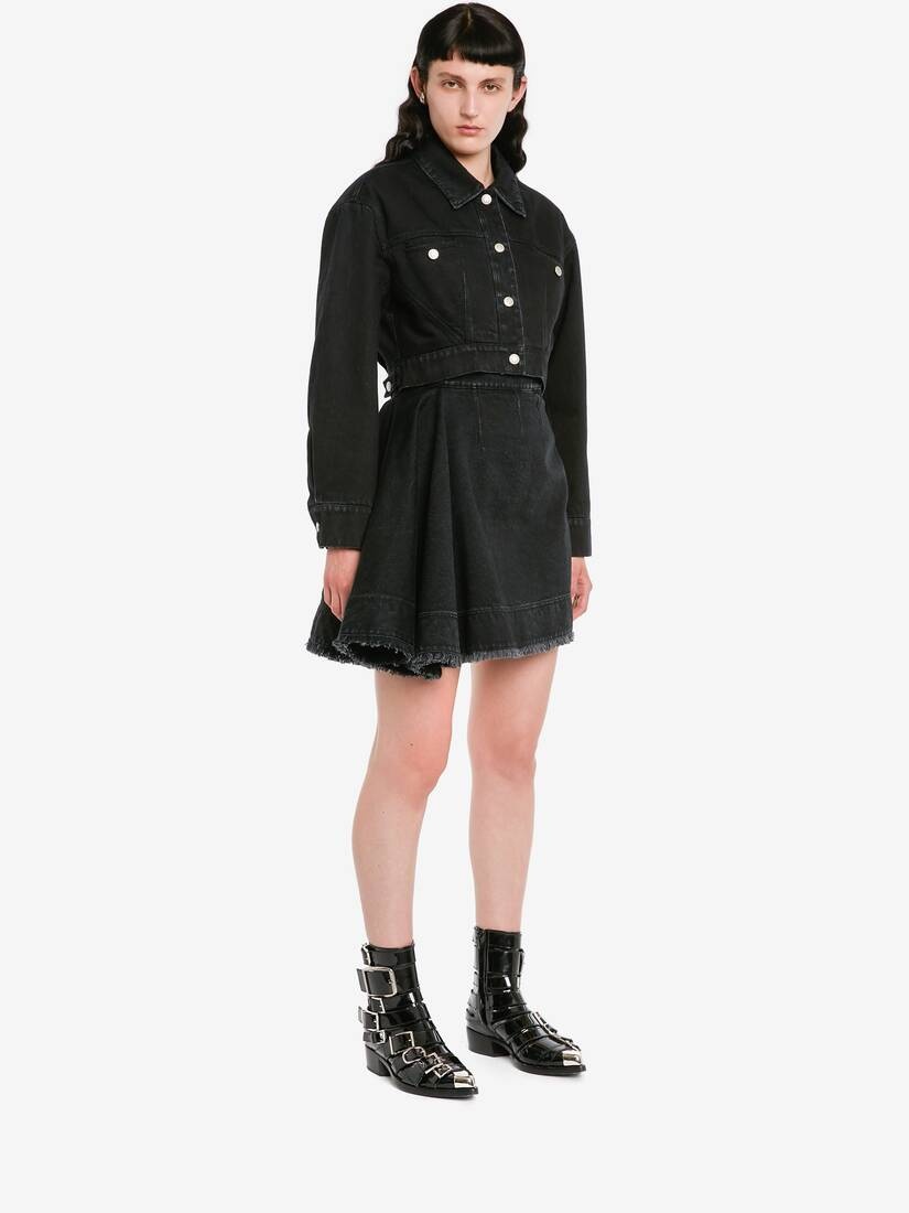 Women's Asymmetric Mini Denim Skirt in Black - 3