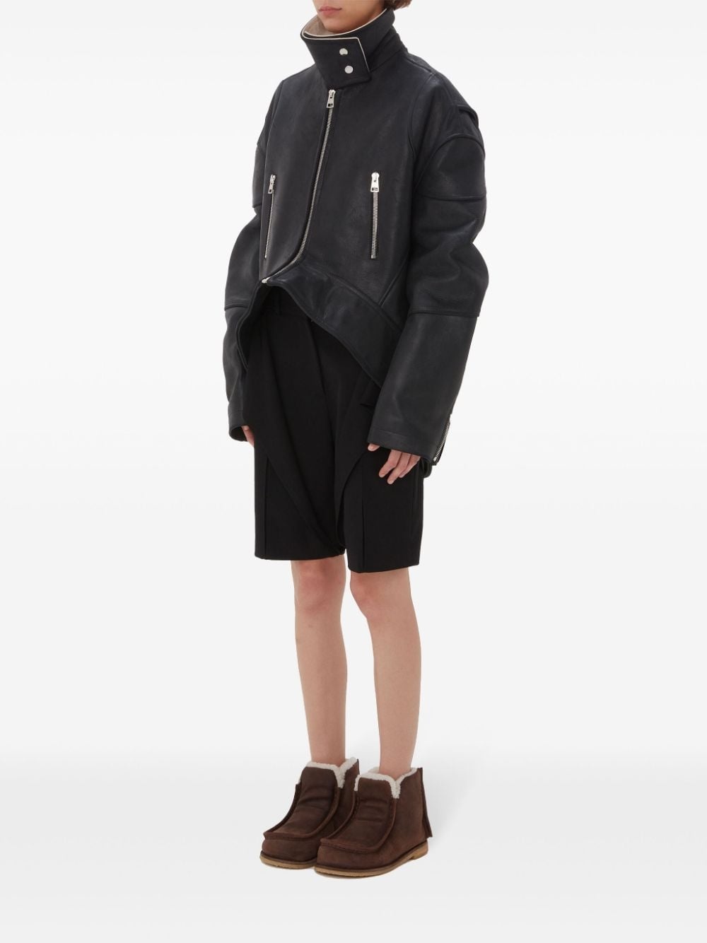 high-neck curved leather jacket - 2