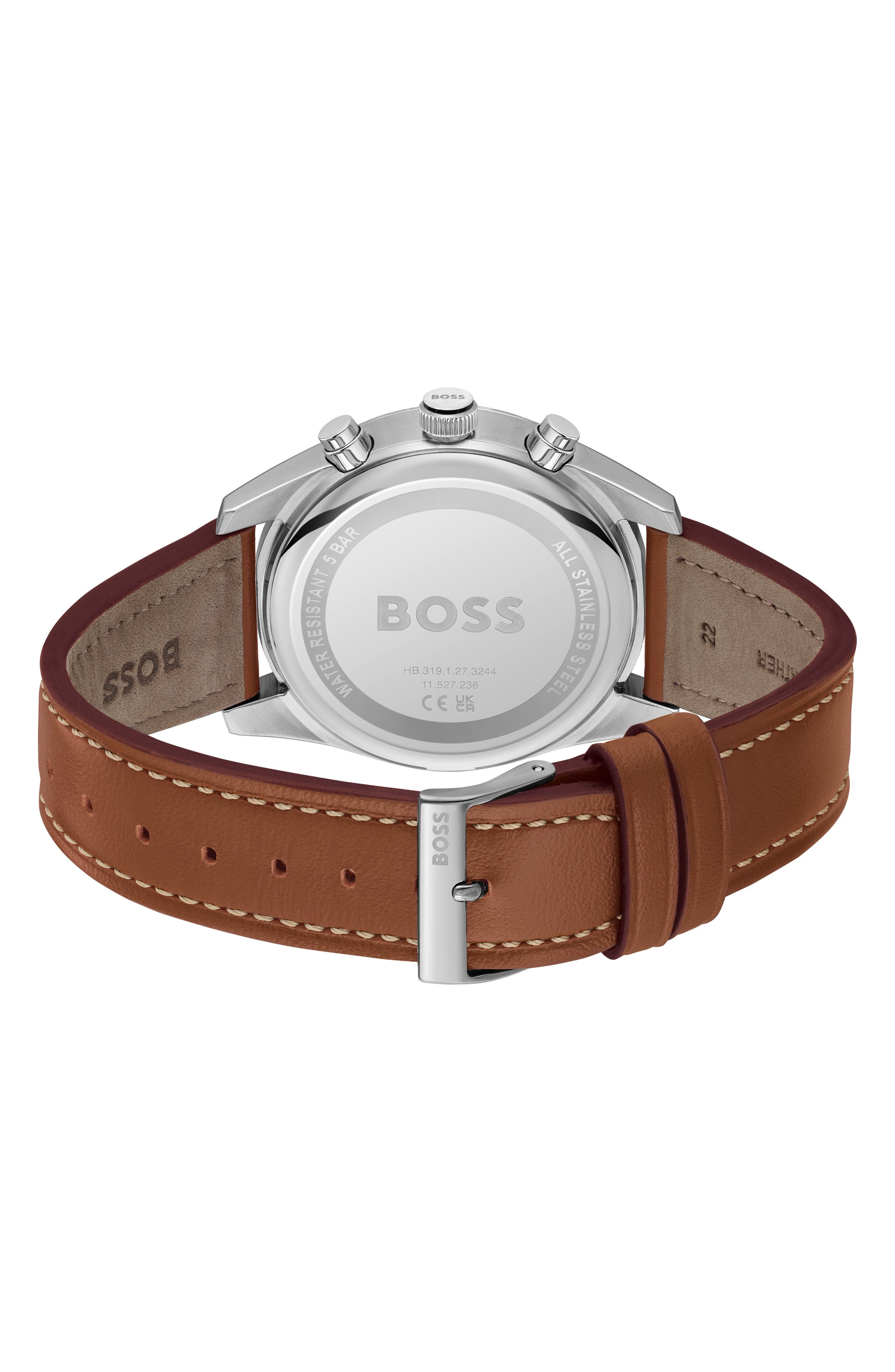 BOSS Skytraveller Chronograph Leather Strap Watch, 41mm in Black at Nordstrom - 2