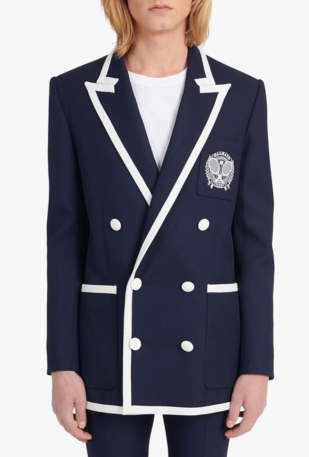 Navy blue wool blazer with embroidered Balmain logo and double-breasted white buttoned fastening - 5