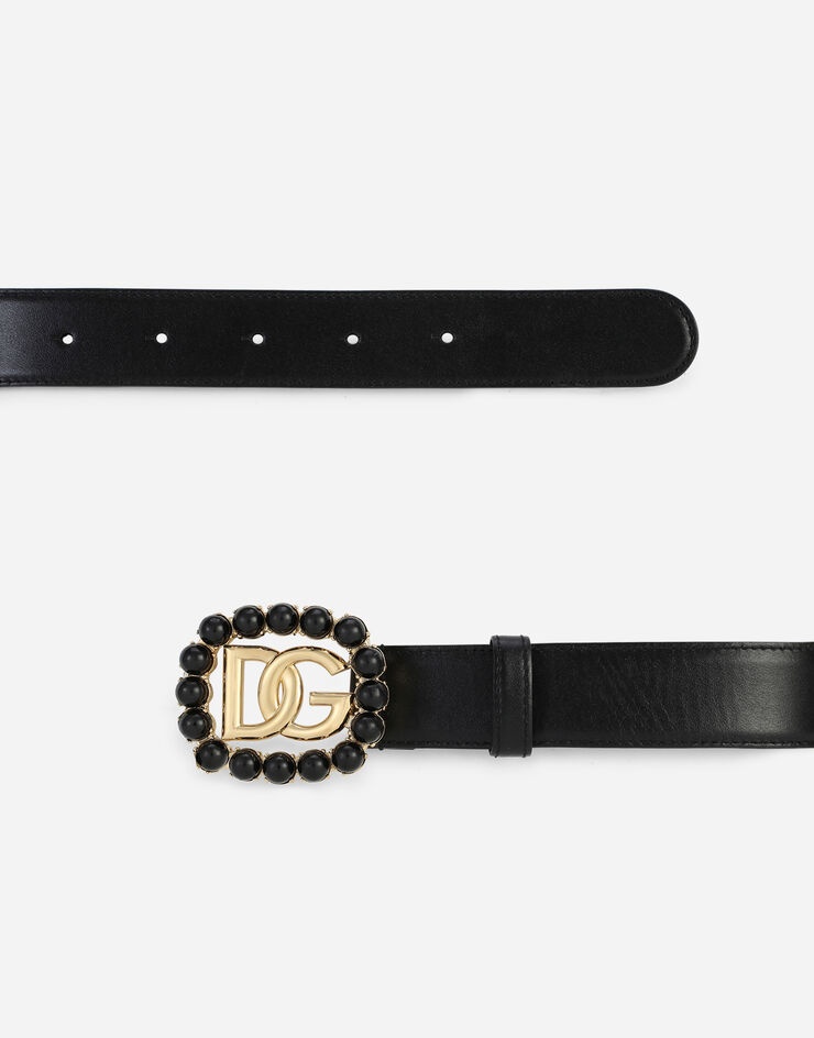 Calfskin belt with DG logo with black pearls - 2