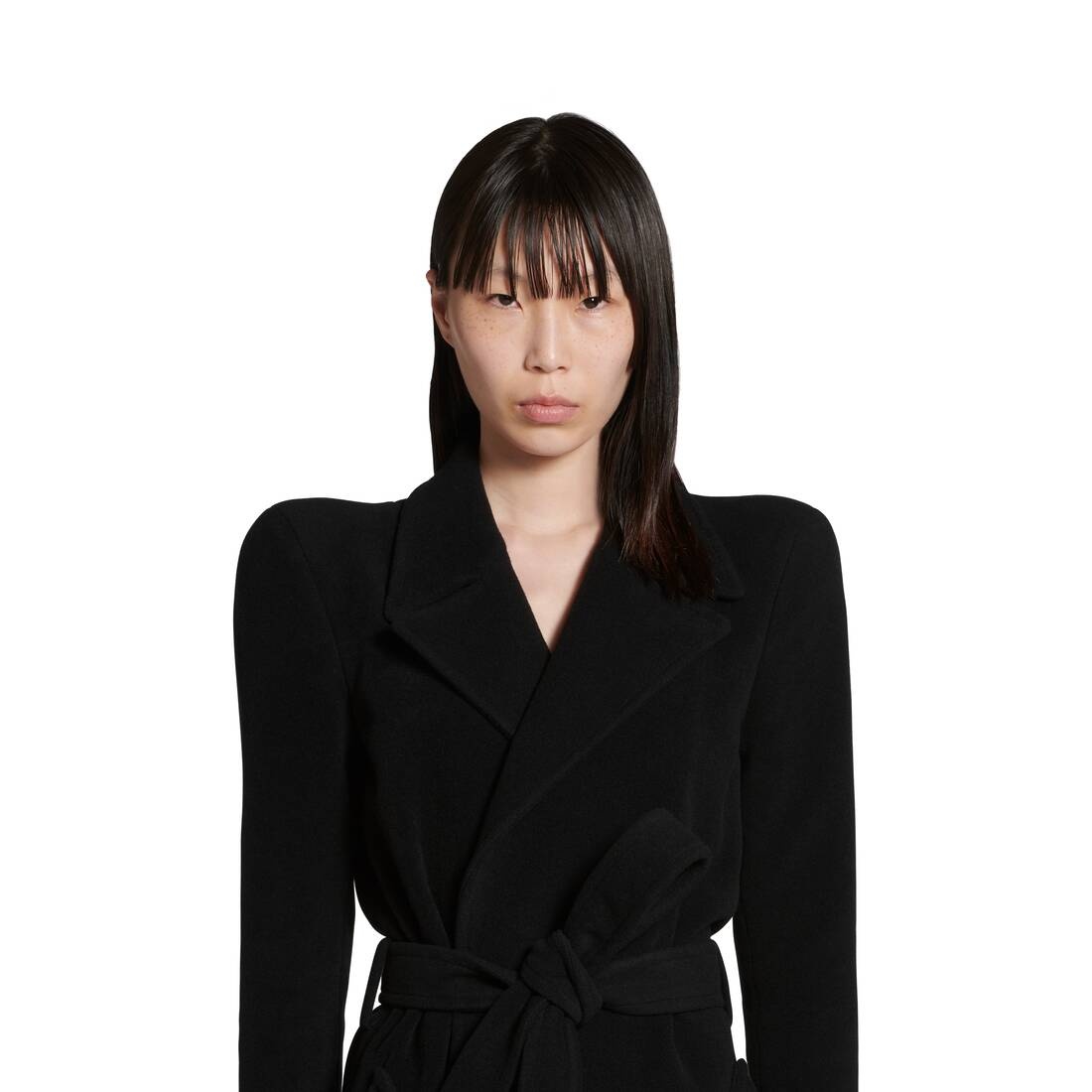 Women's Round Shoulder Fitted Coat in Black - 5