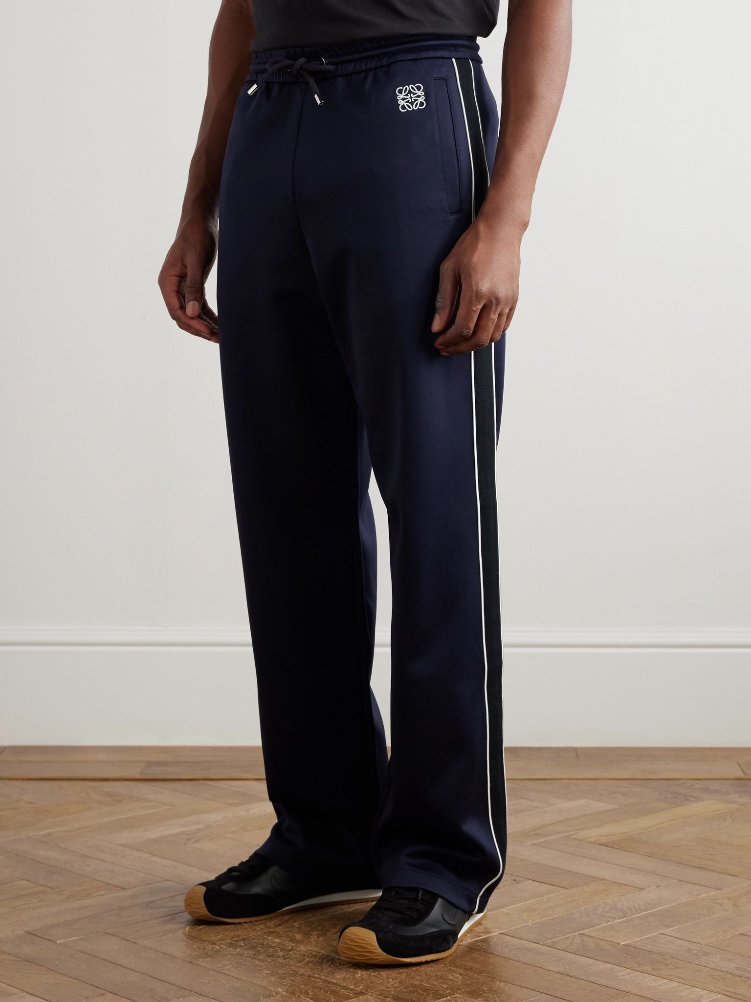 Straight-Leg Logo-Embroidered Herringbone-Striped Tech-Jersey Track Pants Navy - 3