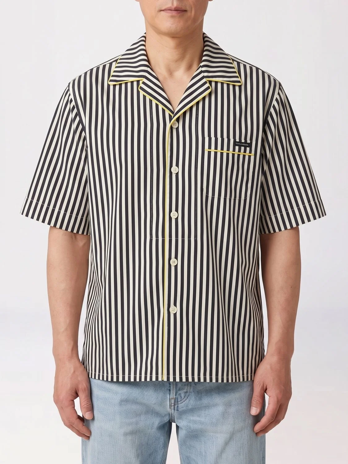 DOLCE & GABBANA Pajama-Style Striped Cotton and Silk Shirt with Cuban Collar - 1