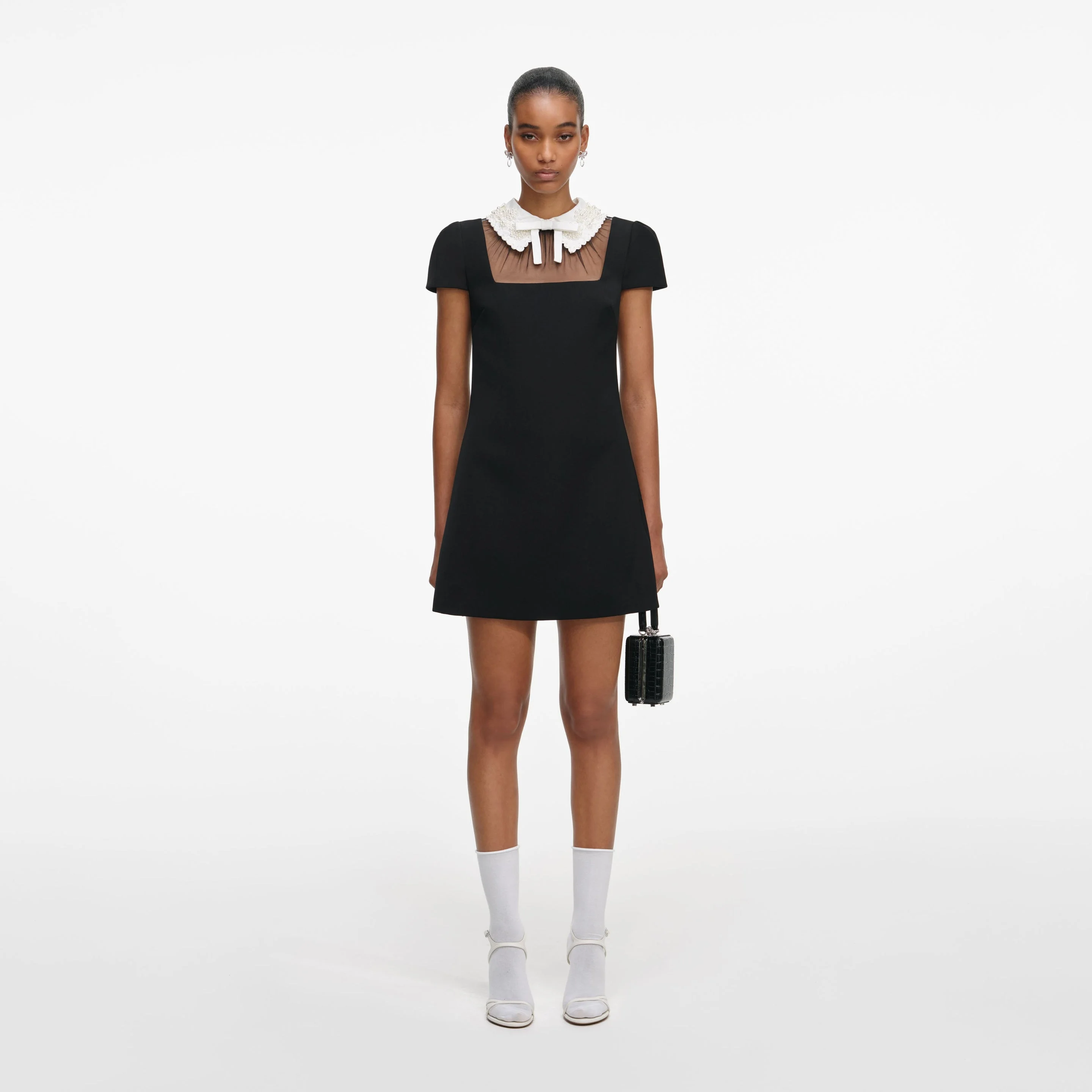 Black Crepe Bow Collar Mini Dress - 1