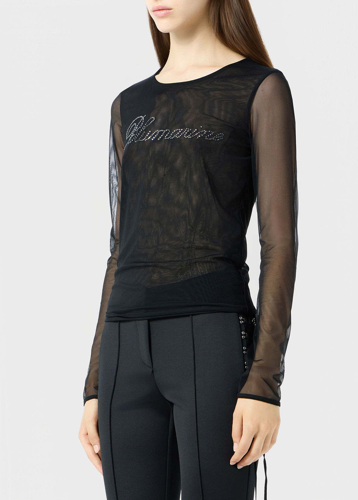 STRETCH TULLE TOP WITH BLUMARINE LOGO IN RHINESTONES - 5