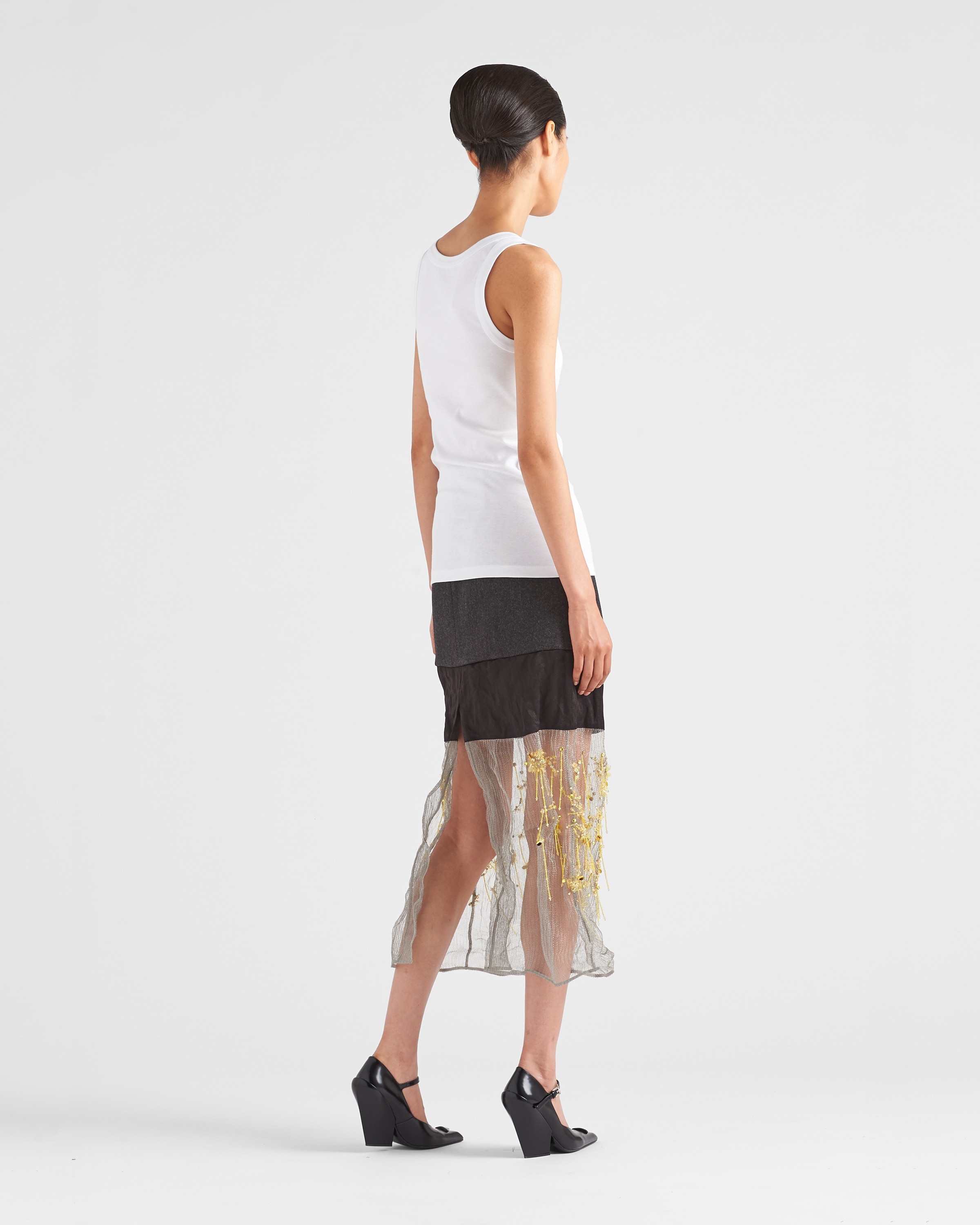 Embroidered cloth and mesh midi-skirt - 5