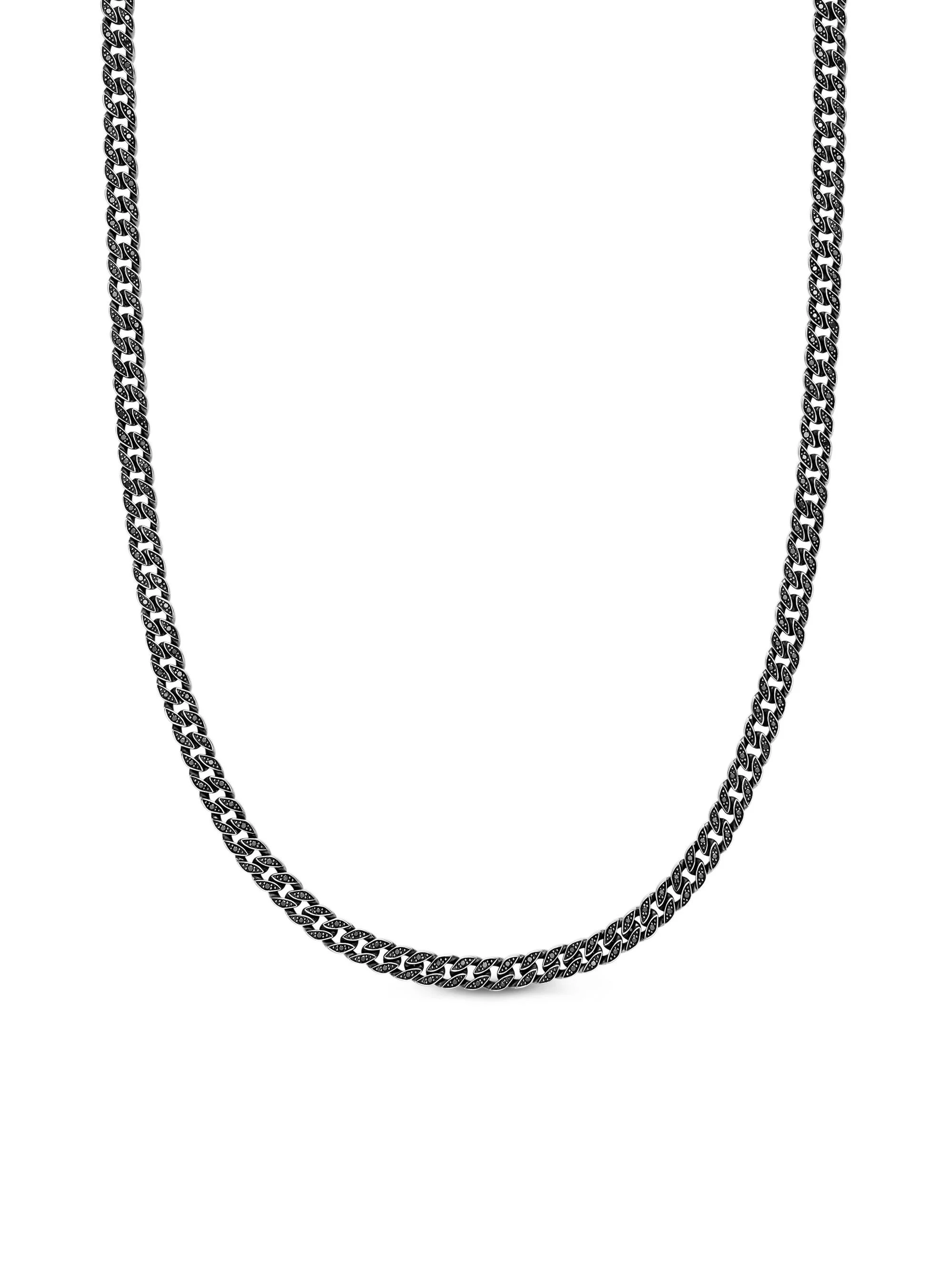 Men's Curb Chain Necklace in Sterling Silver, 6MM - Black Diamond - 1