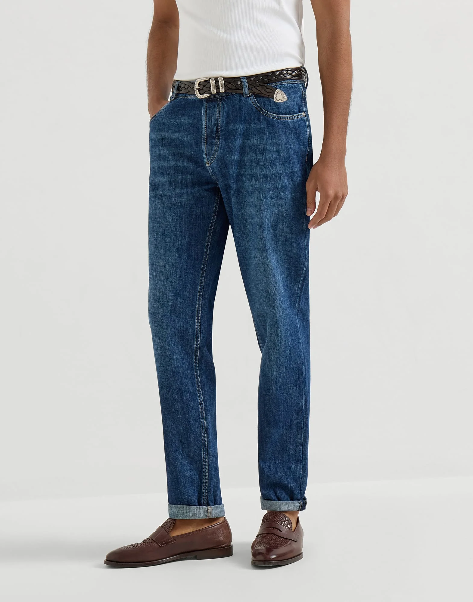 Lightweight denim traditional fit five-pocket trousers - 1