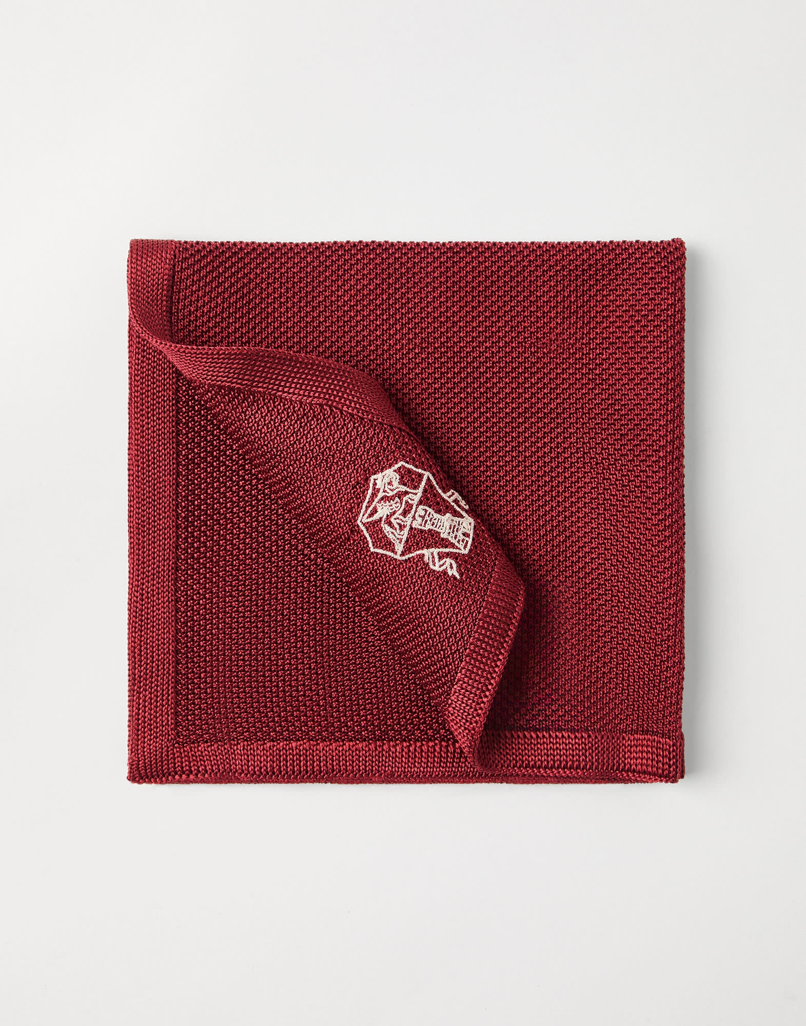 Silk knit pocket square with embroidered logo - 1