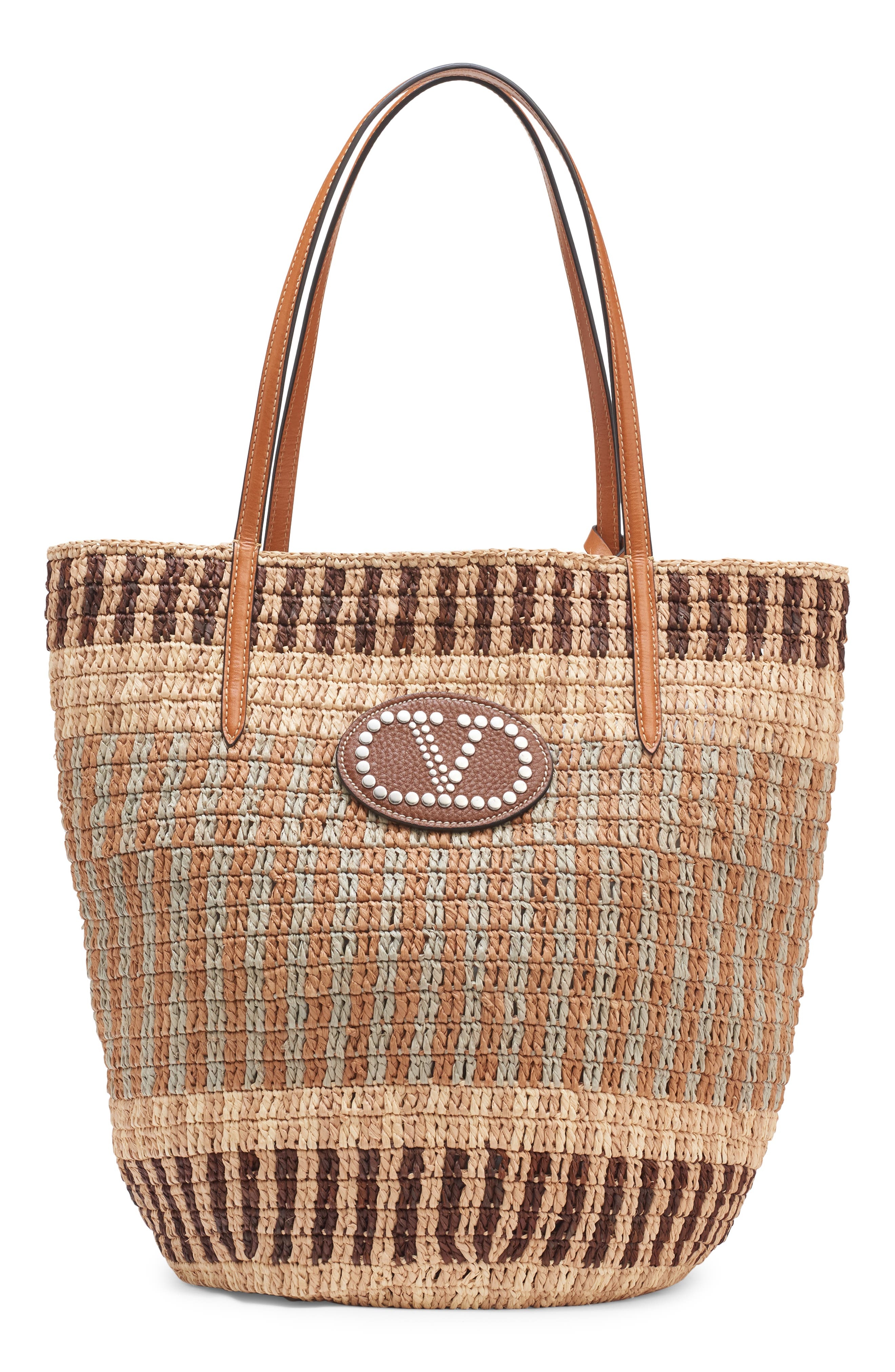 Valentino Garavani VLOGO Crochet Raffia Basket Tote in Aef Beige/Camel/Selleria at Nordstrom - 1