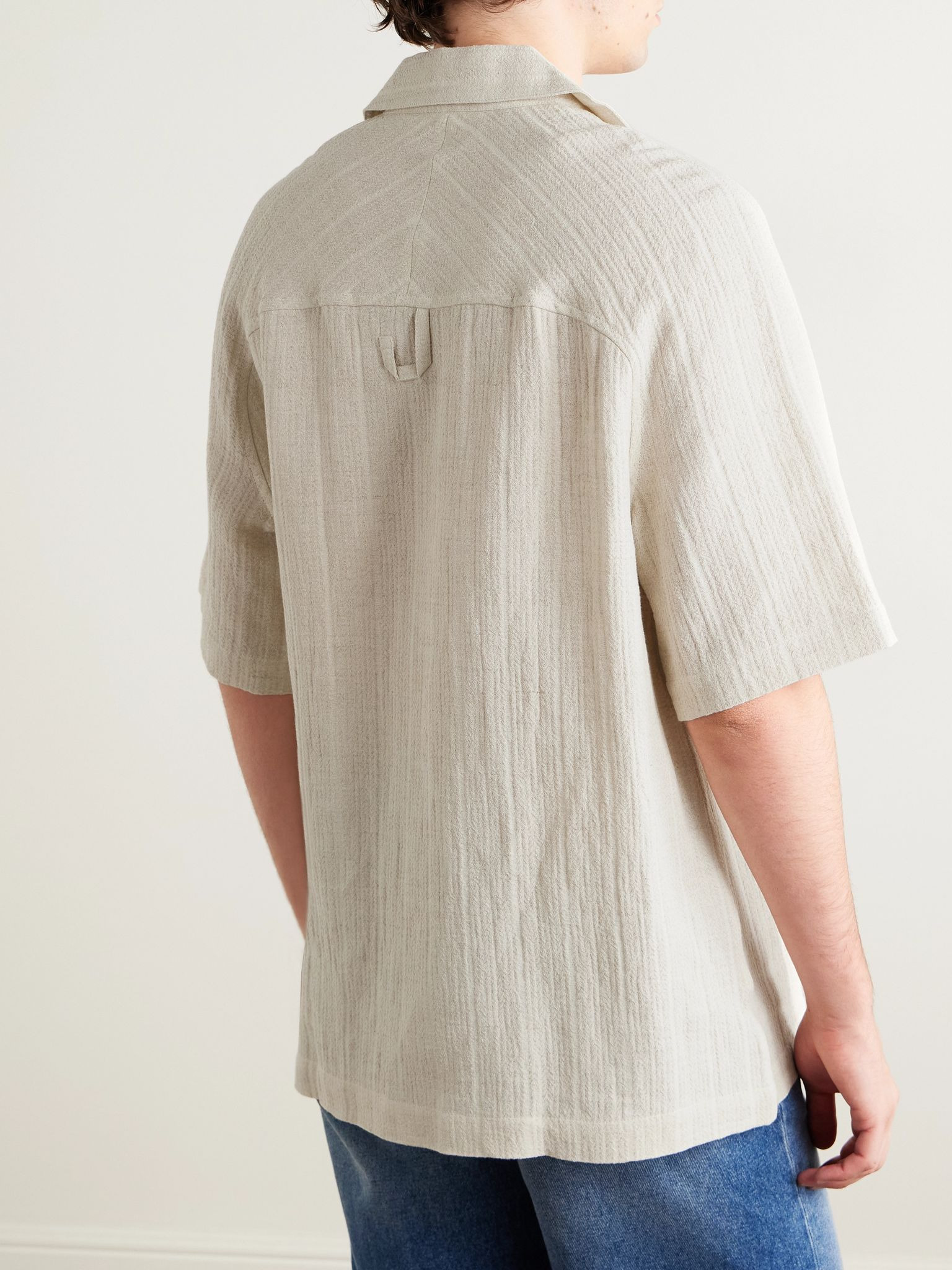 Fonccio Camp-Collar Cotton and Linen-Blend Shirt Beige - 3