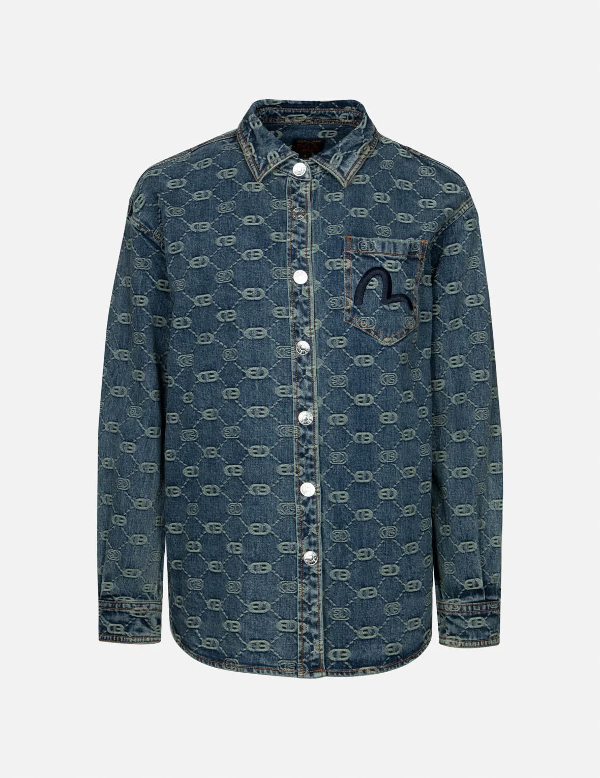 Allover Logo Jacquard and Seagull Embroidery Boyfriend Fit Denim Shirt Jacket - 1