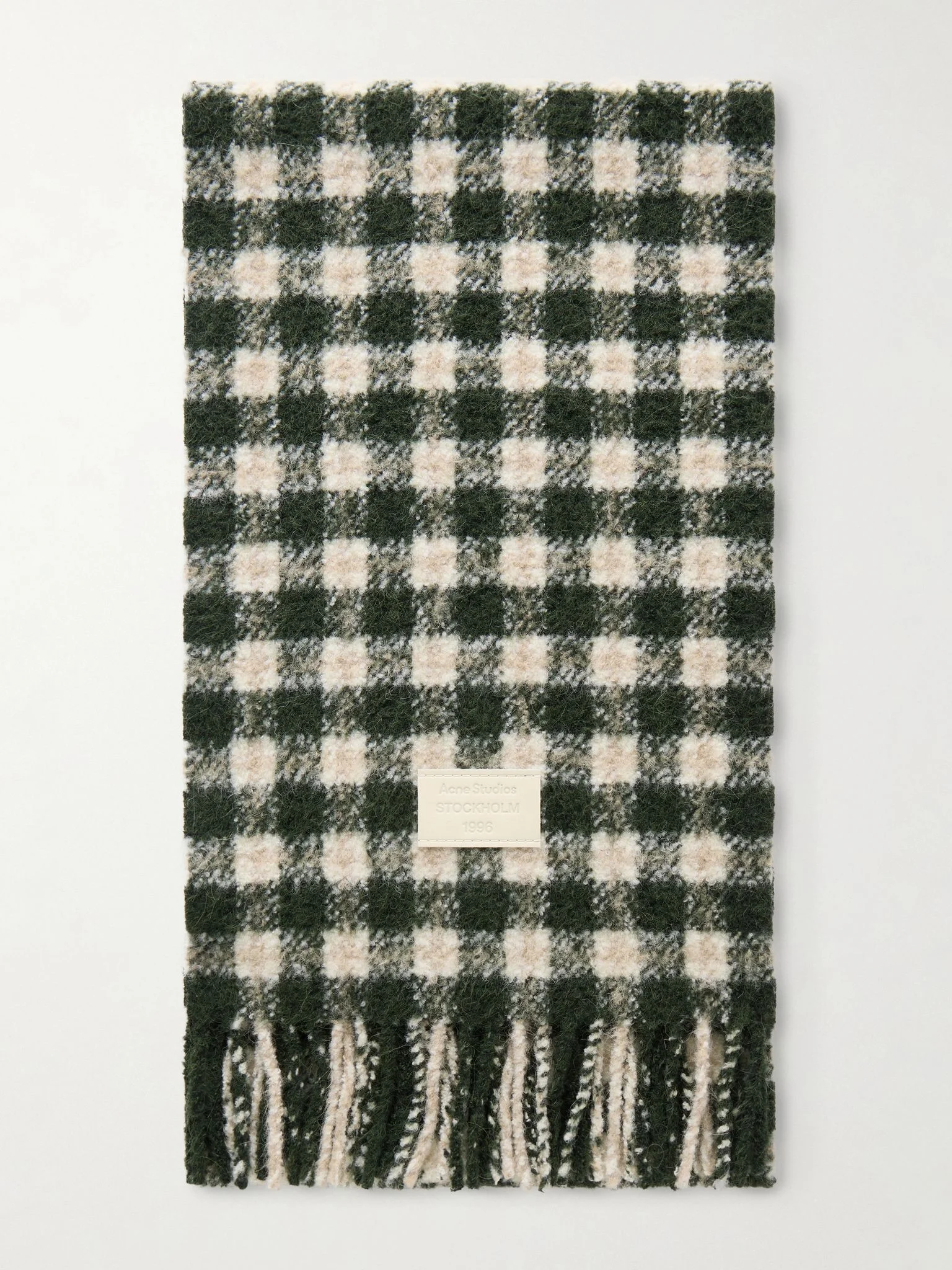 Fringed leather-trimmed checked brushed-knit scarf Dark green - 1